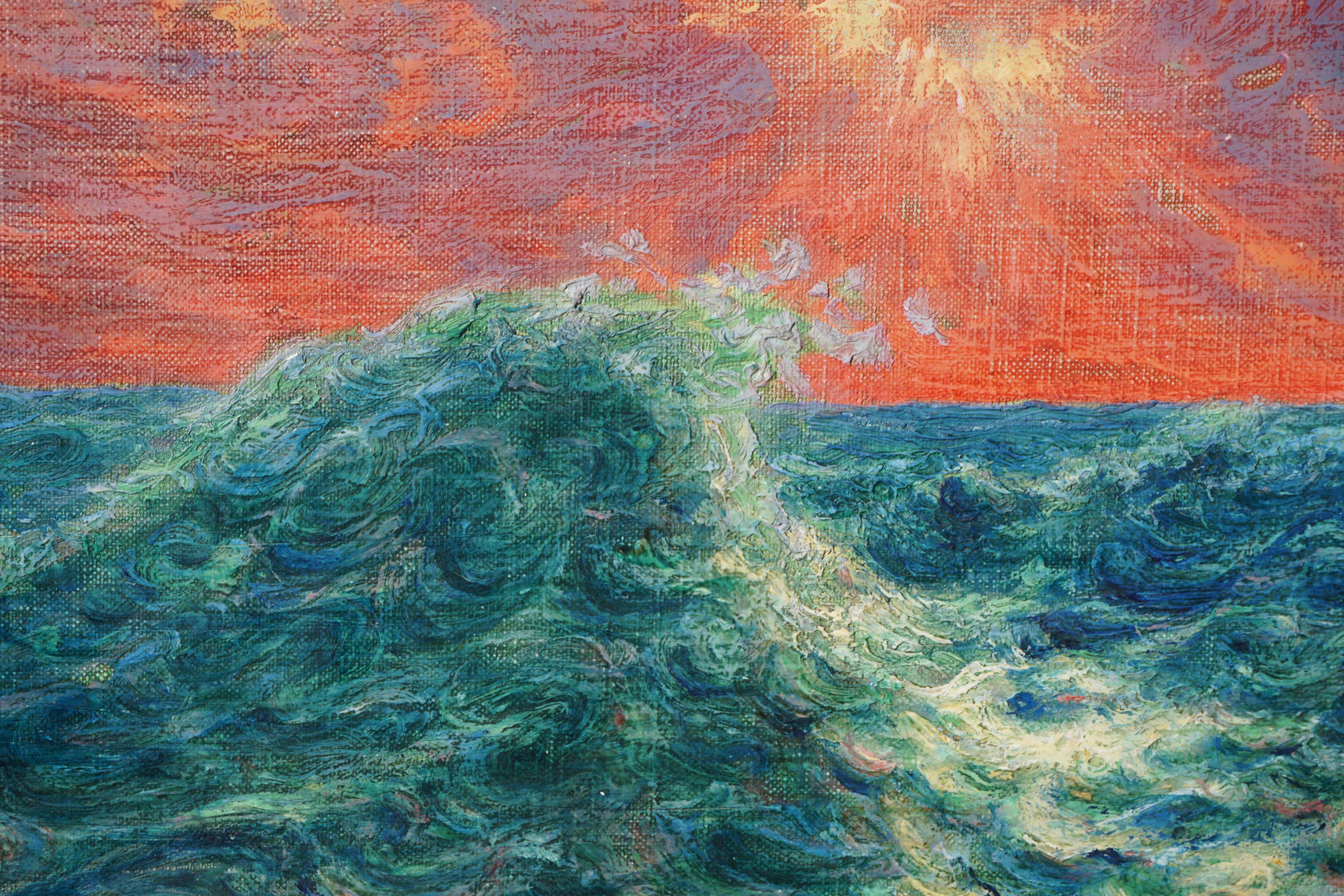 Vague de l'océan et coucher de soleil, paysage marin des années 1920  - Painting de John Henry Ramm