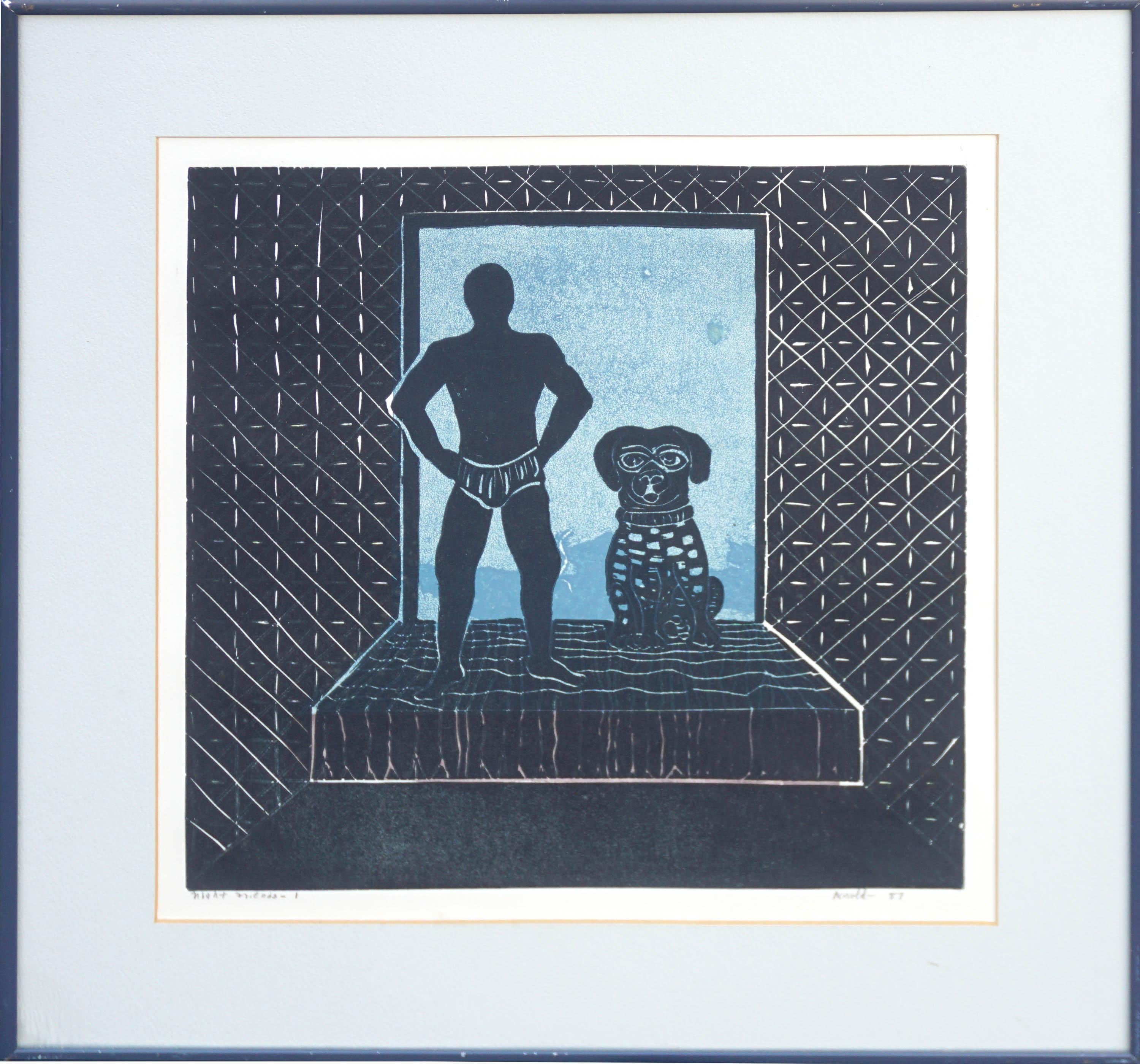 Wonderful lino-cut of man and dog titled "Night Friends 1" by Ralph Moffett Arnold (American, 1928-2006), 1987. Titled on left edge and on verso; signed and dated on right edge and on label on verso. Presented in mat under glass in dark grey frame.