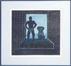 Vintage Night Friends Dog and Man Linocut by Ralph Moffett Arnold