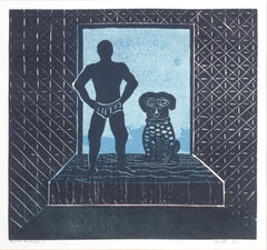 Night Friends Dog and Man Linocut by Ralph Moffett Arnold