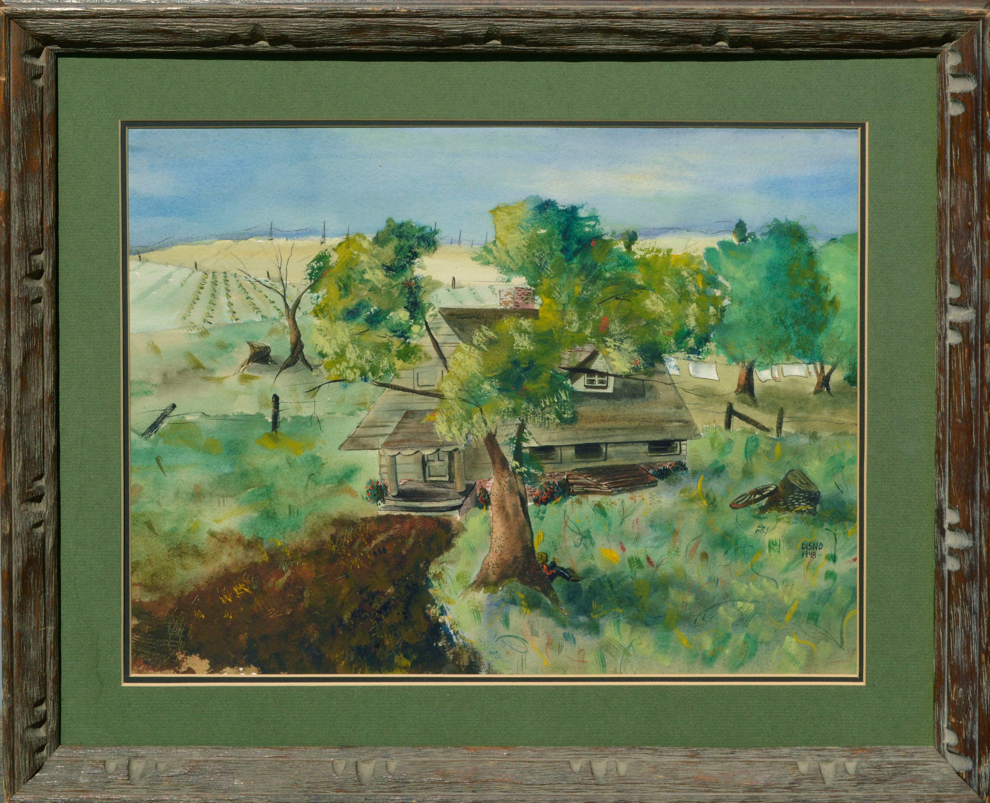 Bisno Landscape Art – Rustikale Bauernhaus-Landschaft aus der Mitte des Jahrhunderts