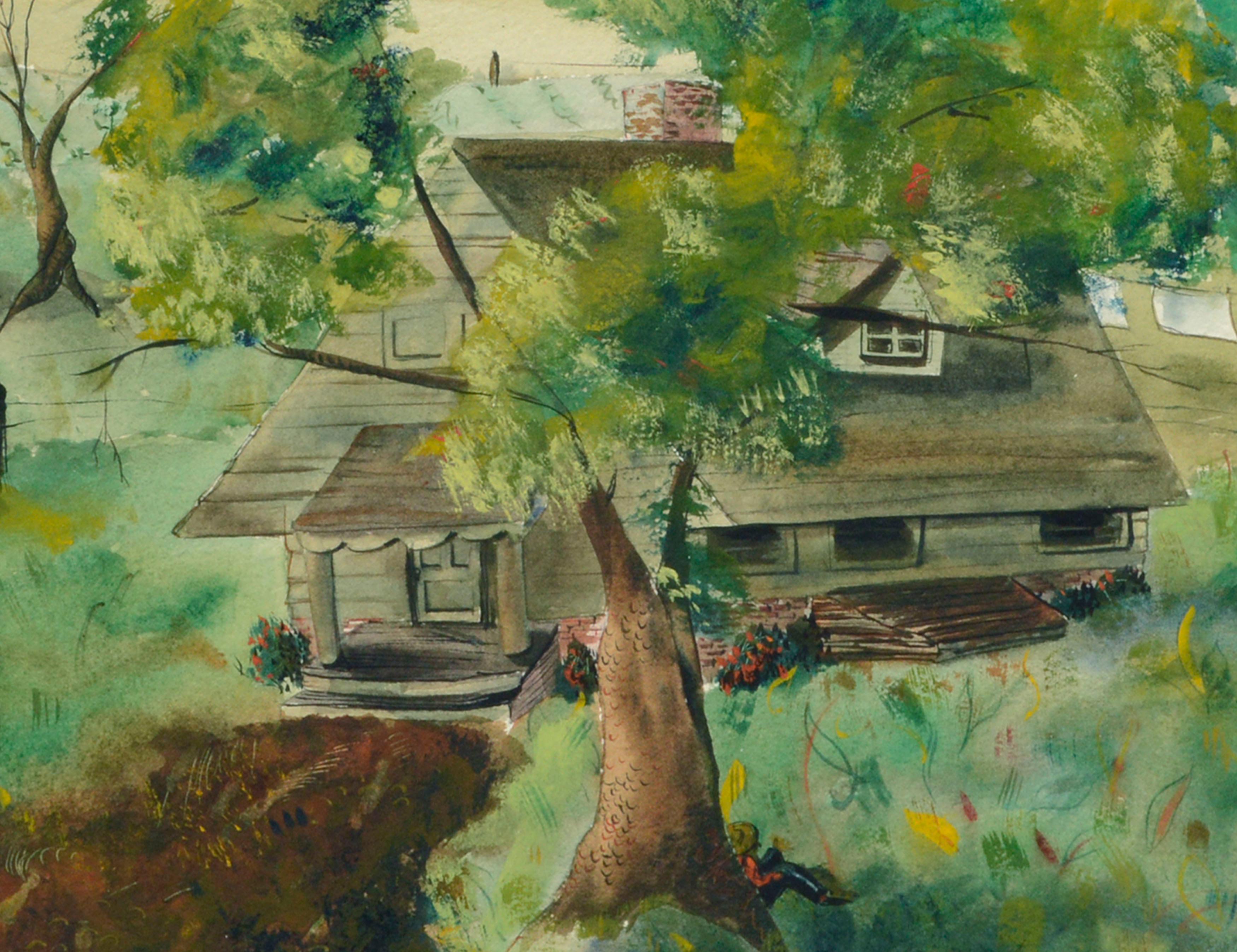 Rustikale Bauernhaus-Landschaft aus der Mitte des Jahrhunderts (Grau), Landscape Art, von Bisno