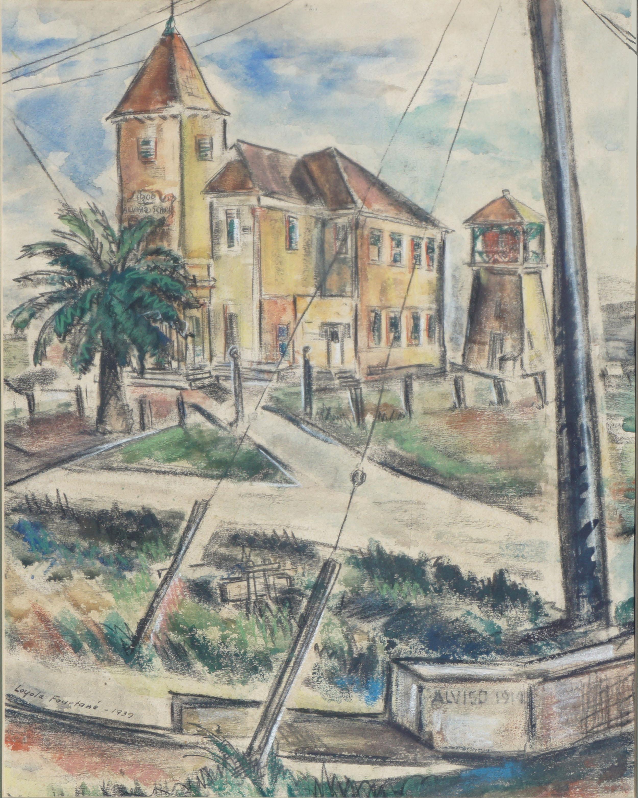 Alviso Harbor and School Landscape - Painting by Loyola Fourtane
