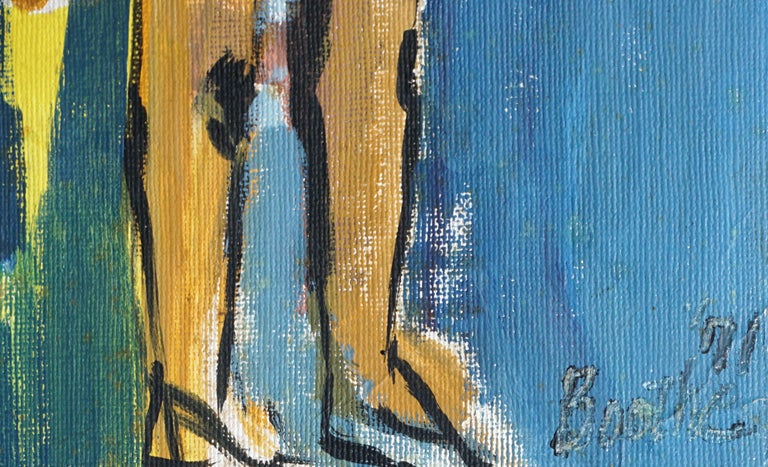 Wonderful example of Bay Area Figurative school, in the style of David Park, by unknown artist Boothe (American, 20th Century). This abstracted figurative painting depicts a couple clad in bathing suits looks direct and hip. Signed and dated 