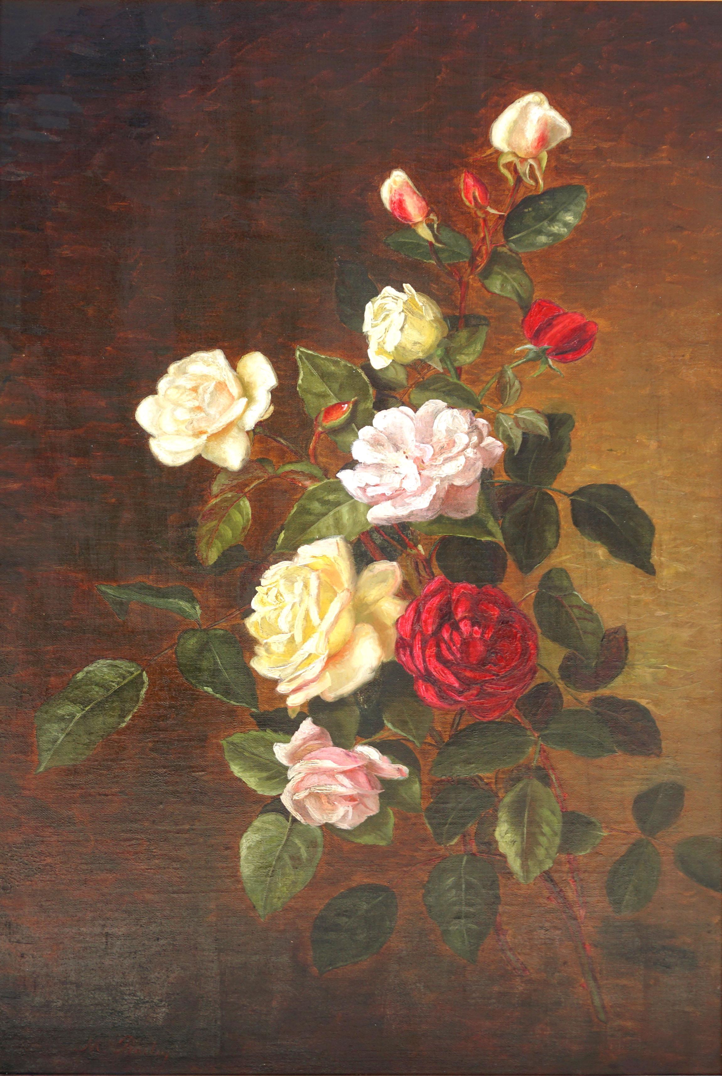 Late 19th Century Antique Floral Tea Roses Still-Life  - Painting by Mary Emma Bailey