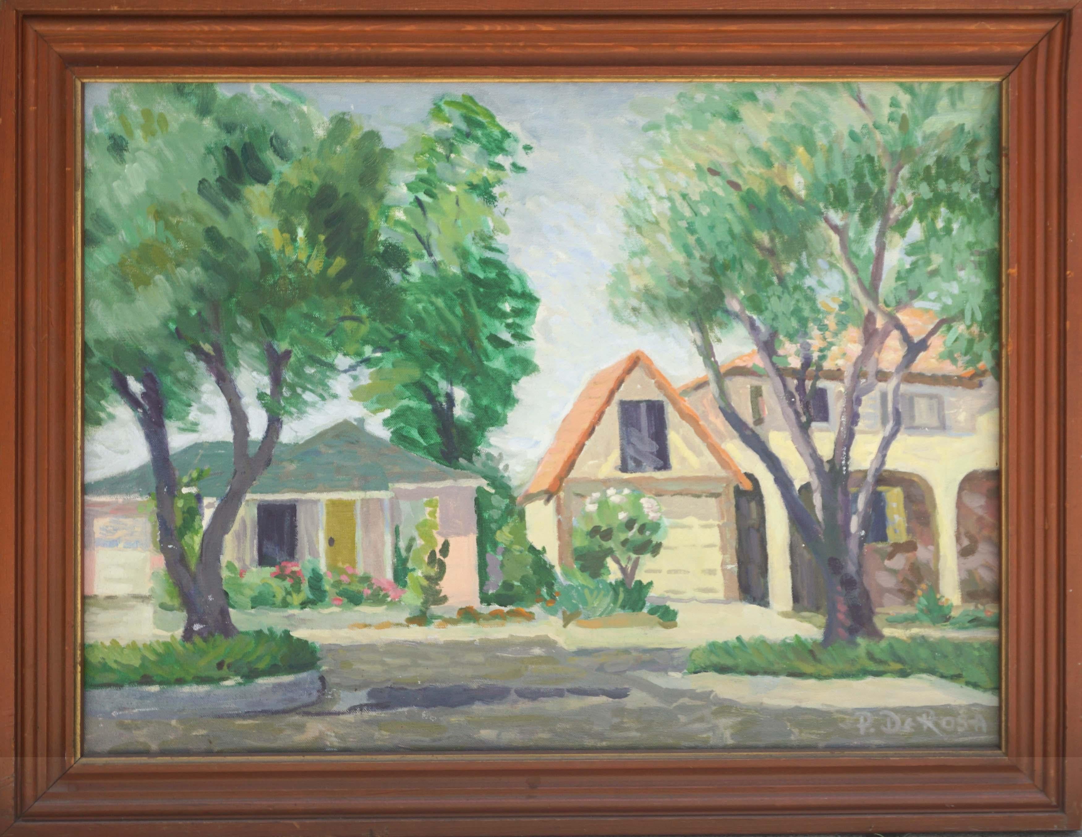P. DeRosa Landscape Painting - 1970's California Neighborhood Landscape