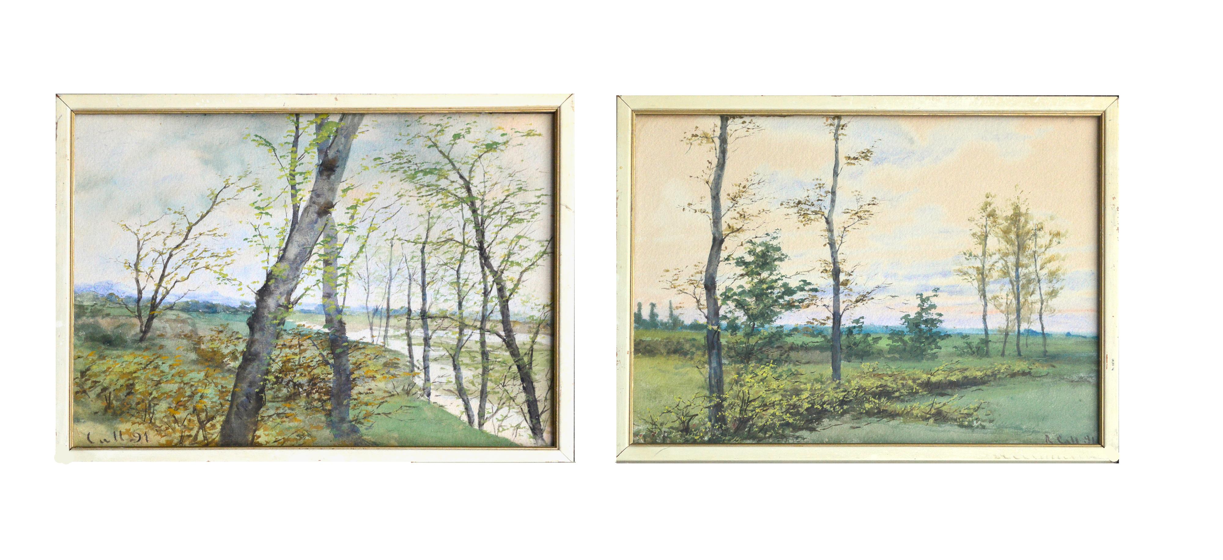 Ramon Call  Landscape Art - Late 19th C. River Birch Trees Landscape Pair