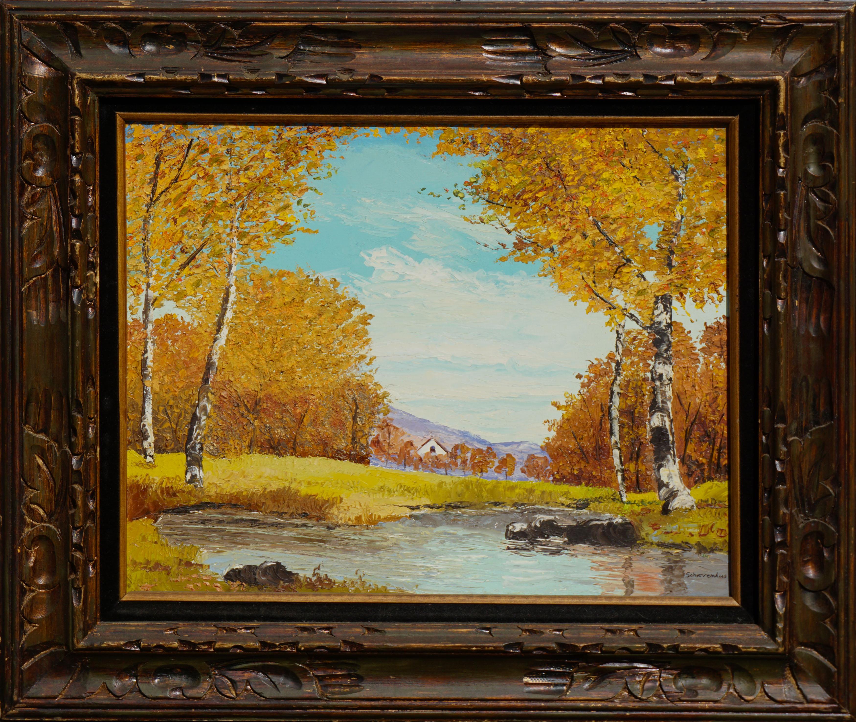 Schrevenius Landscape Painting - Mid Century Autumn Birch Trees and Stream Landscape