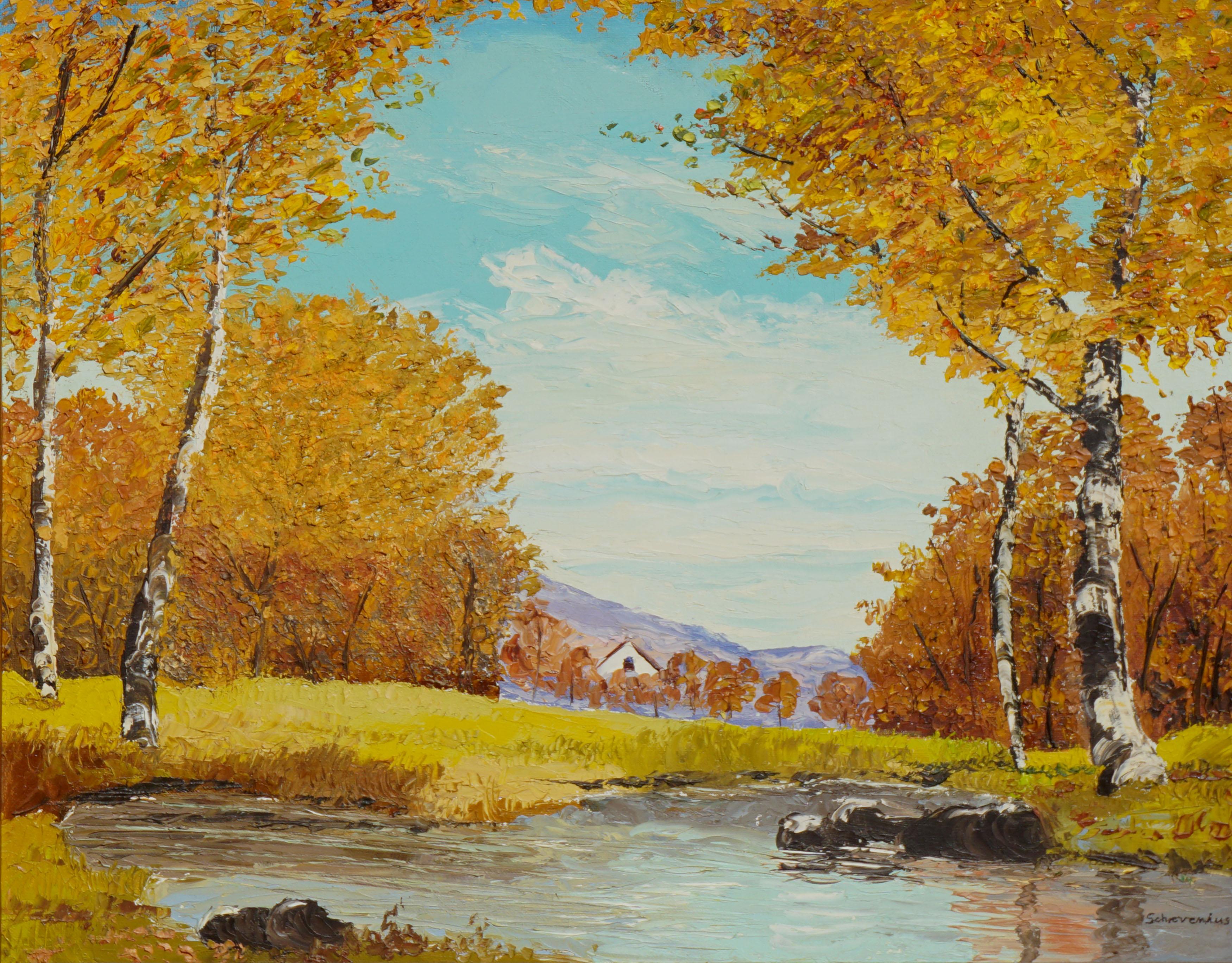 Mid Century Autumn Birch Trees and Stream Landscape - Painting by Schrevenius