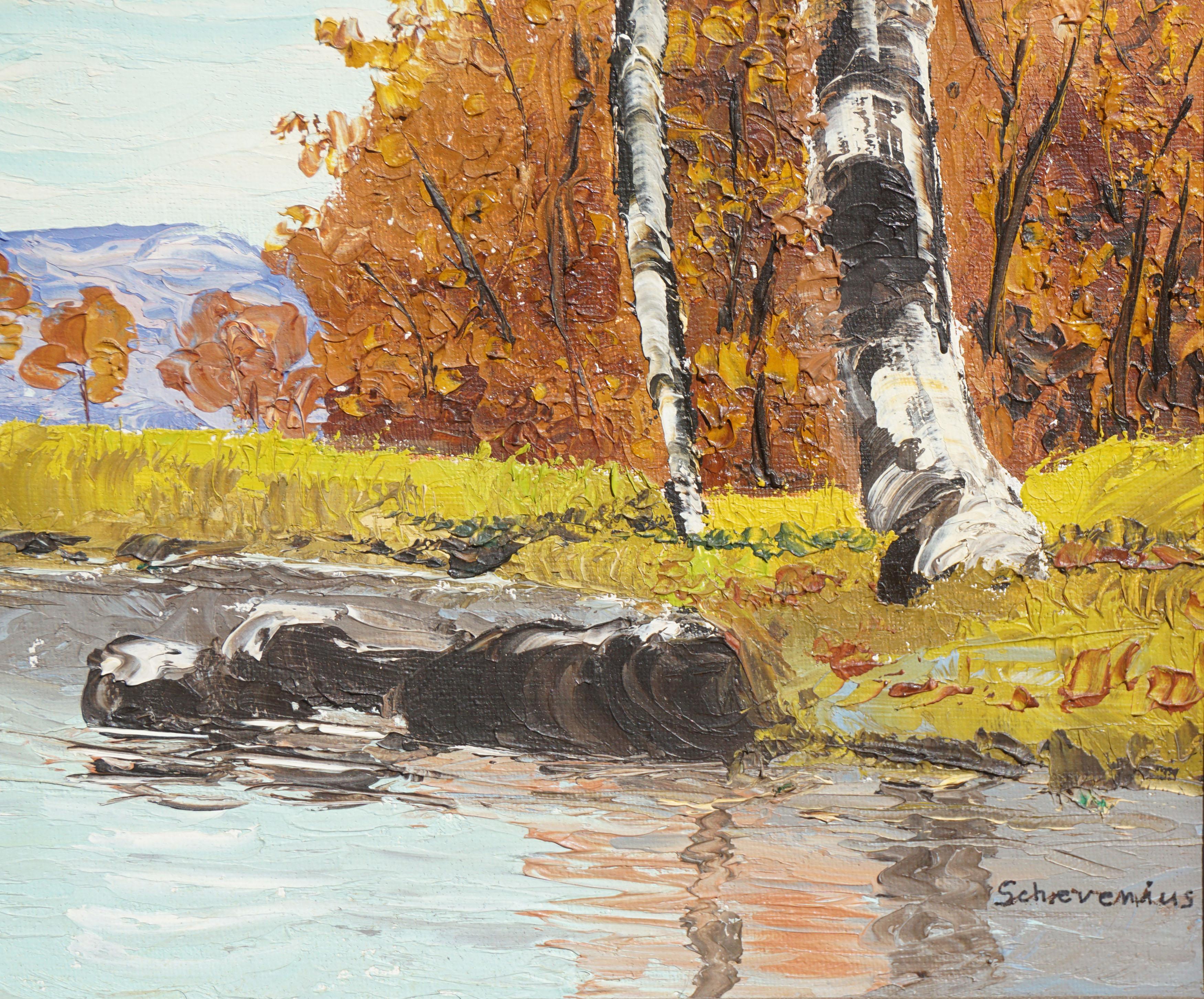 Mid Century Autumn Birch Trees and Stream Landscape - American Impressionist Painting by Schrevenius