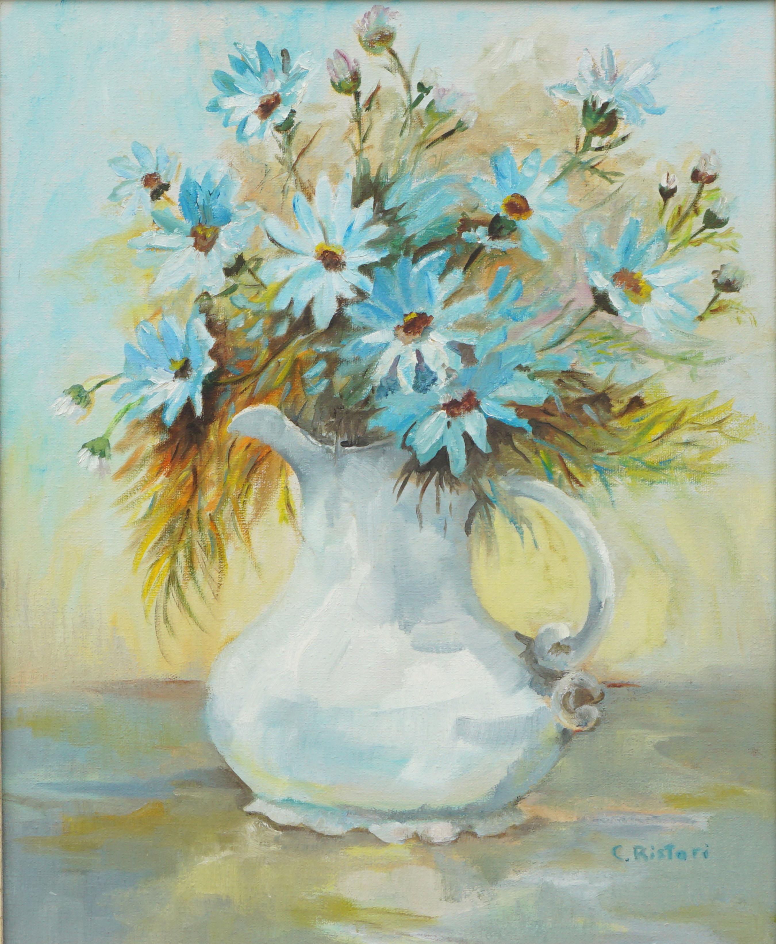Natura morta floreale blu di metà secolo - Painting di Catherine Ristori