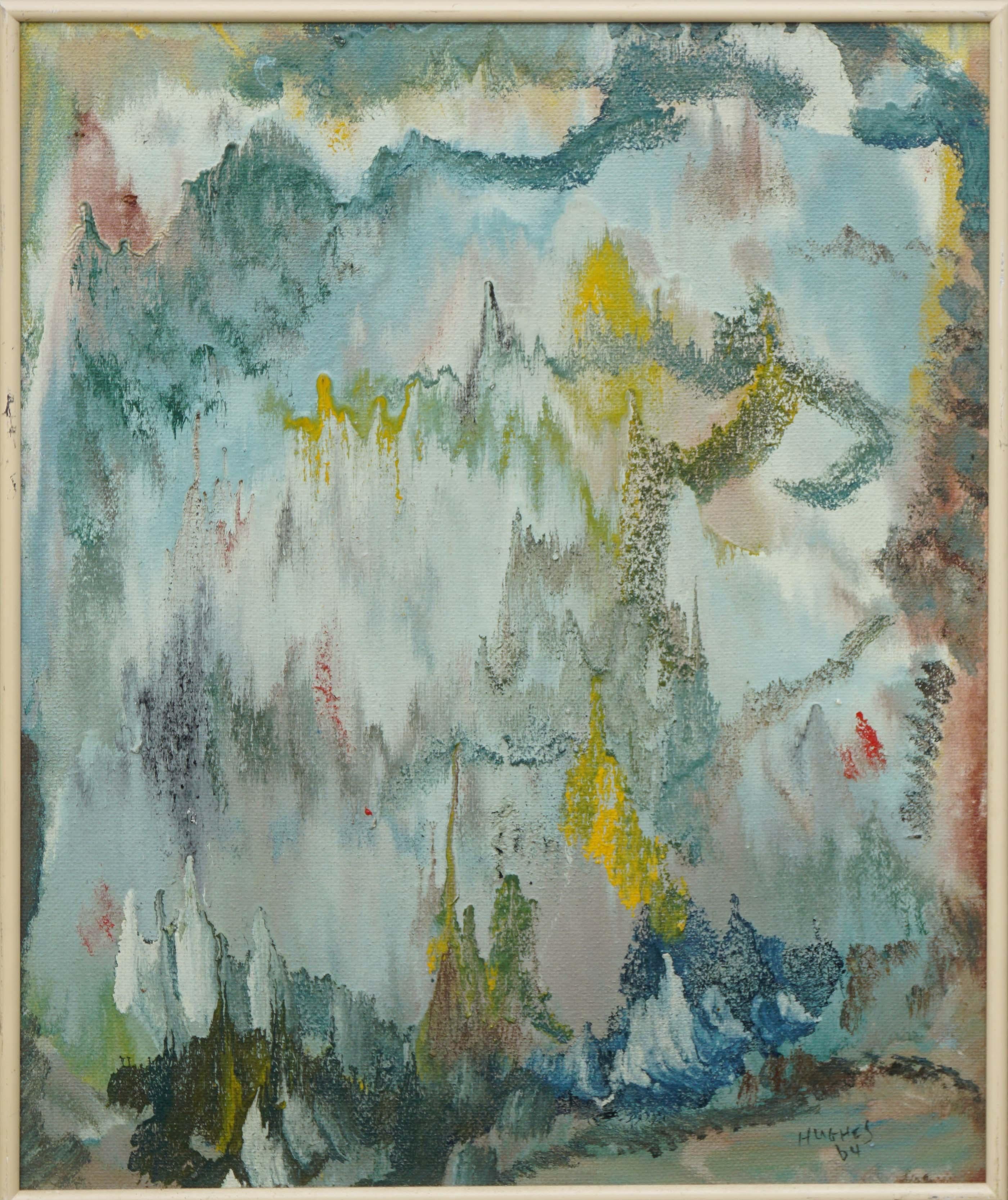 Hughes Abstract Painting - Mid Century Cyan & Yellow iKat Abstract Flow