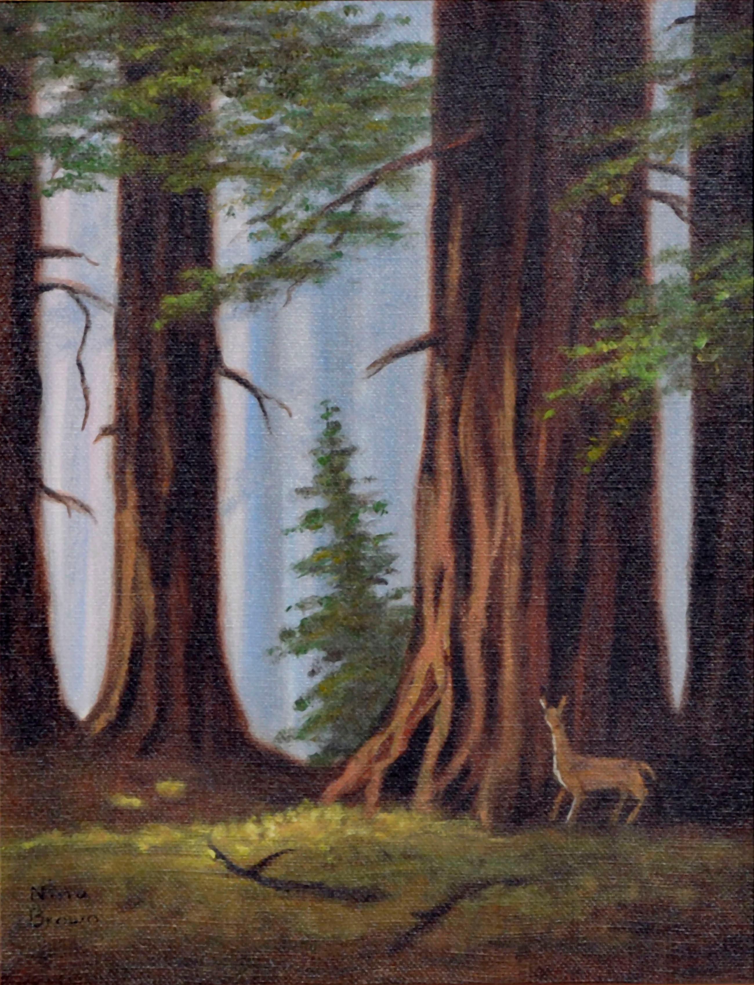 Deer in California Redwoods Mid Century Landscape - Painting by Nina Brown 