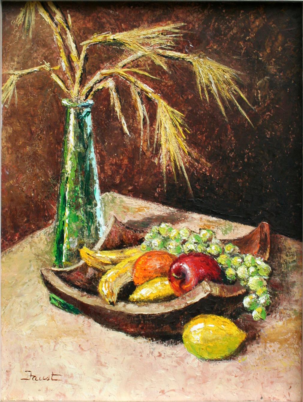 Modernes Stillleben aus Weizen und Obst aus der Mitte des Jahrhunderts (Schwarz), Interior Painting, von Wanda Faust 