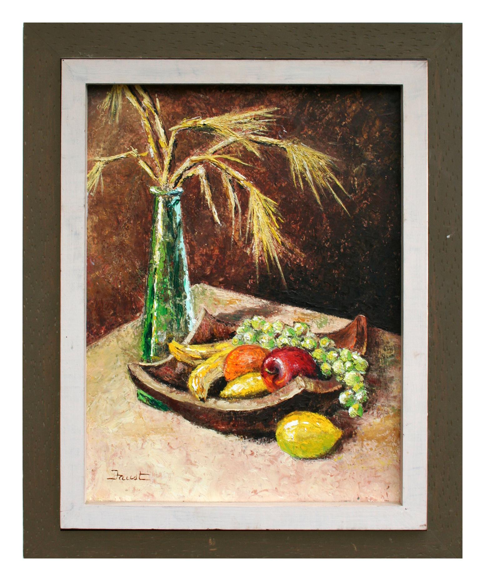 Bodegón moderno de trigo y fruta de mediados de siglo - Painting de Wanda Faust 