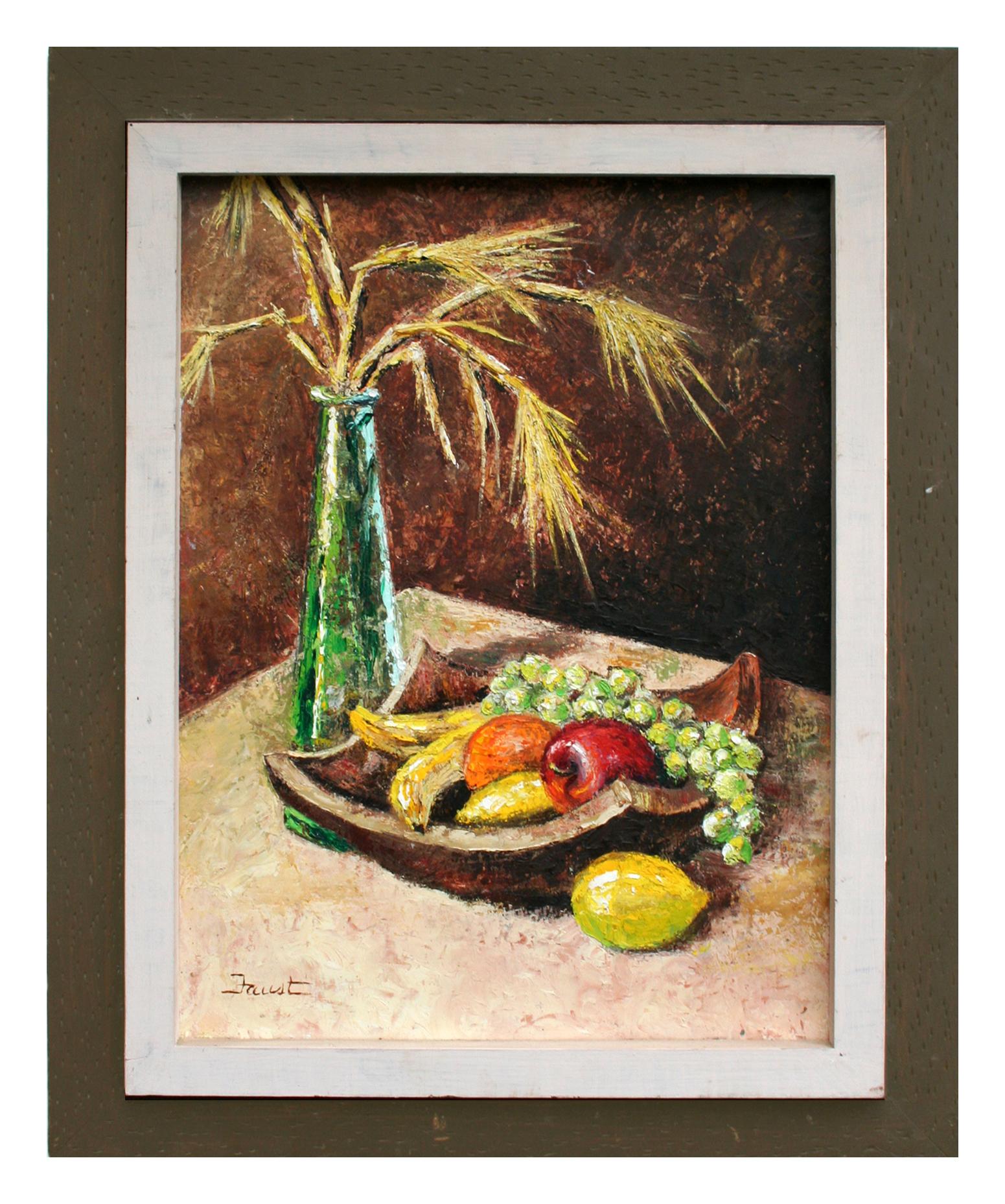 Mid Century Modern Wheat & Fruit Still-Life - Painting by Wanda Faust 