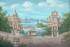 Mid Century San Francisco Lombard St Cable Car & Golden Gate Bridge Landscape