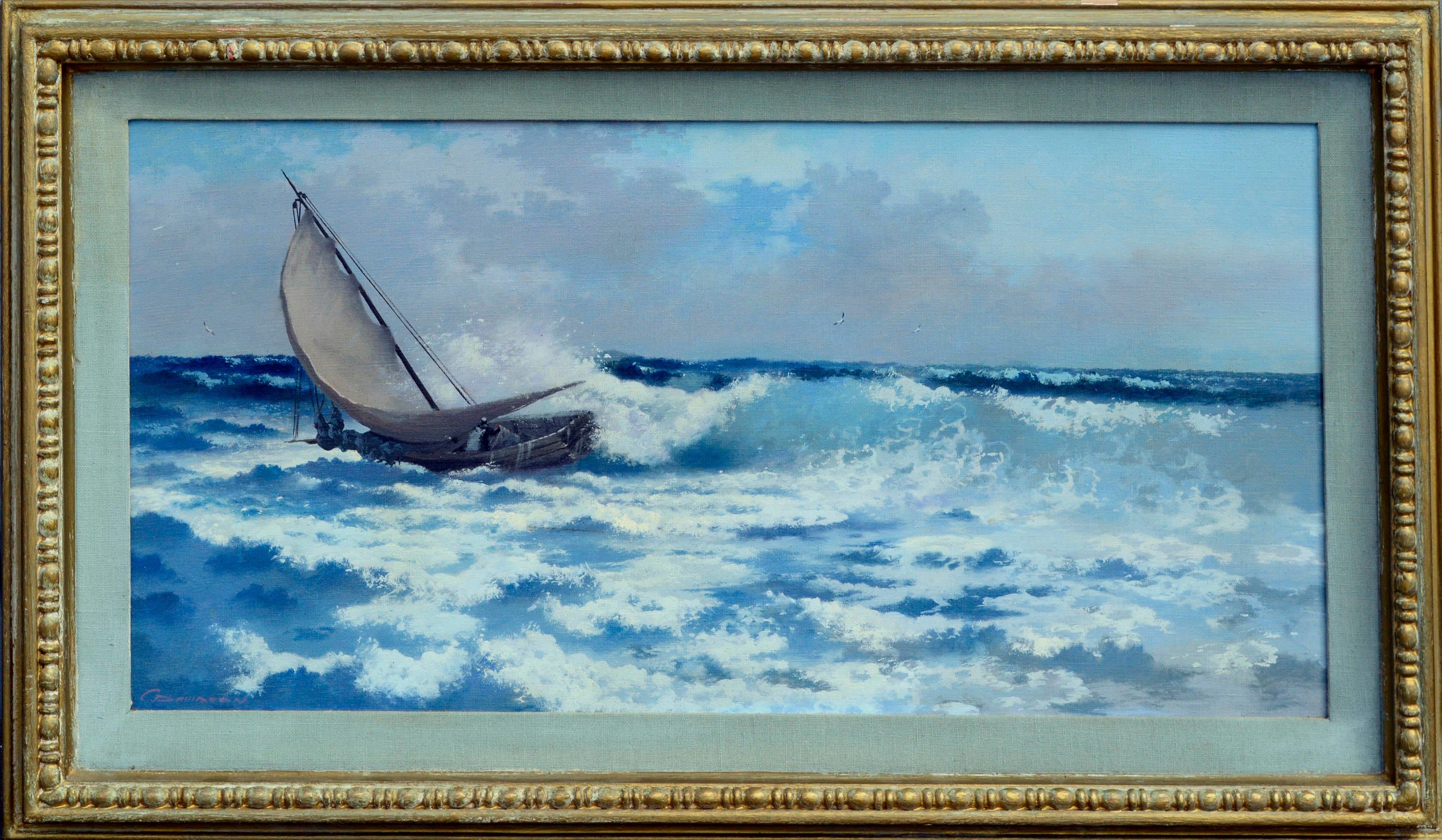 Carl Davidson Figurative Painting - Crashing the Surf, Mid-Century Seascape