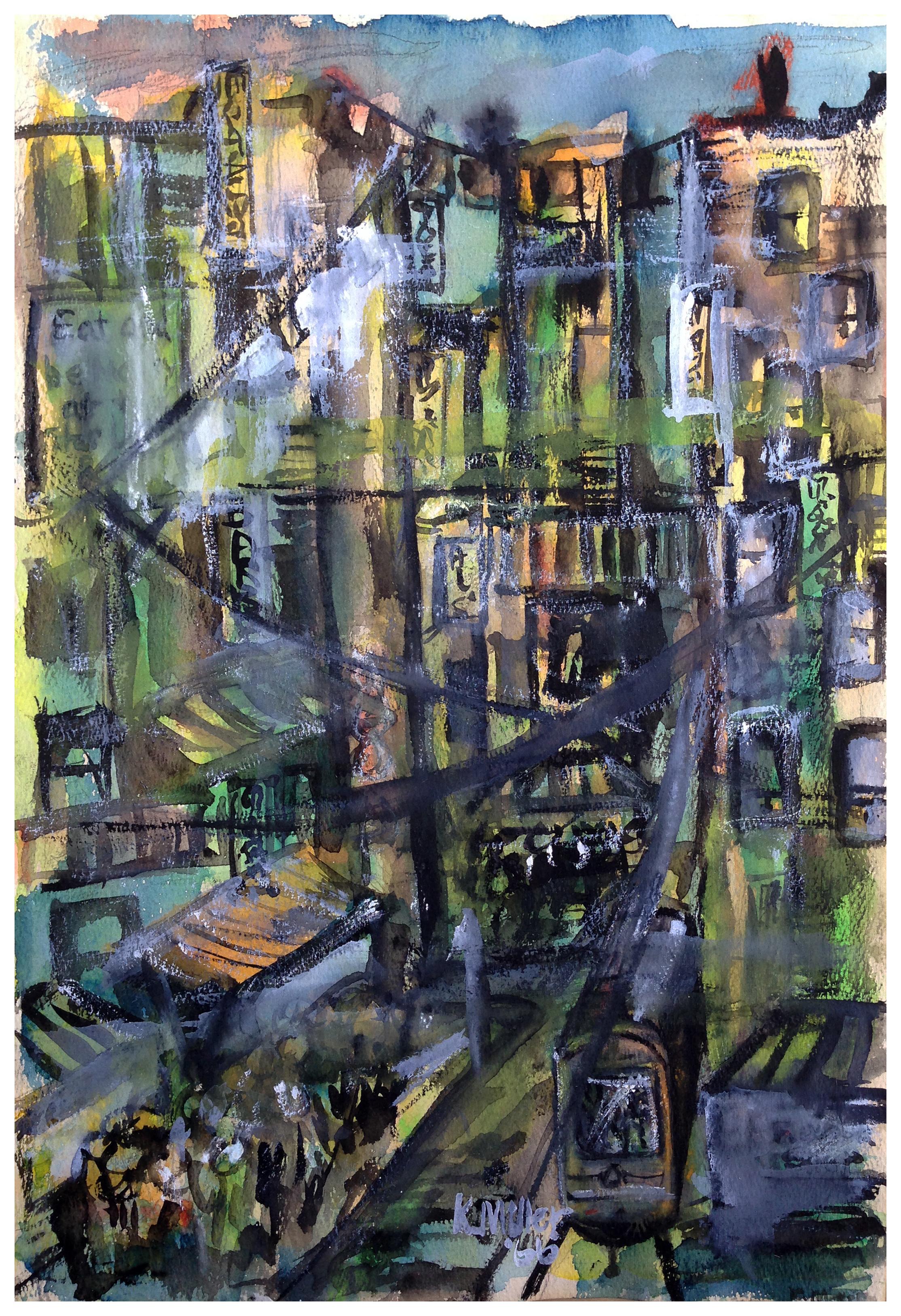 Karen Miller Landscape Painting - Mid Century Abstracted Urban Cityscape