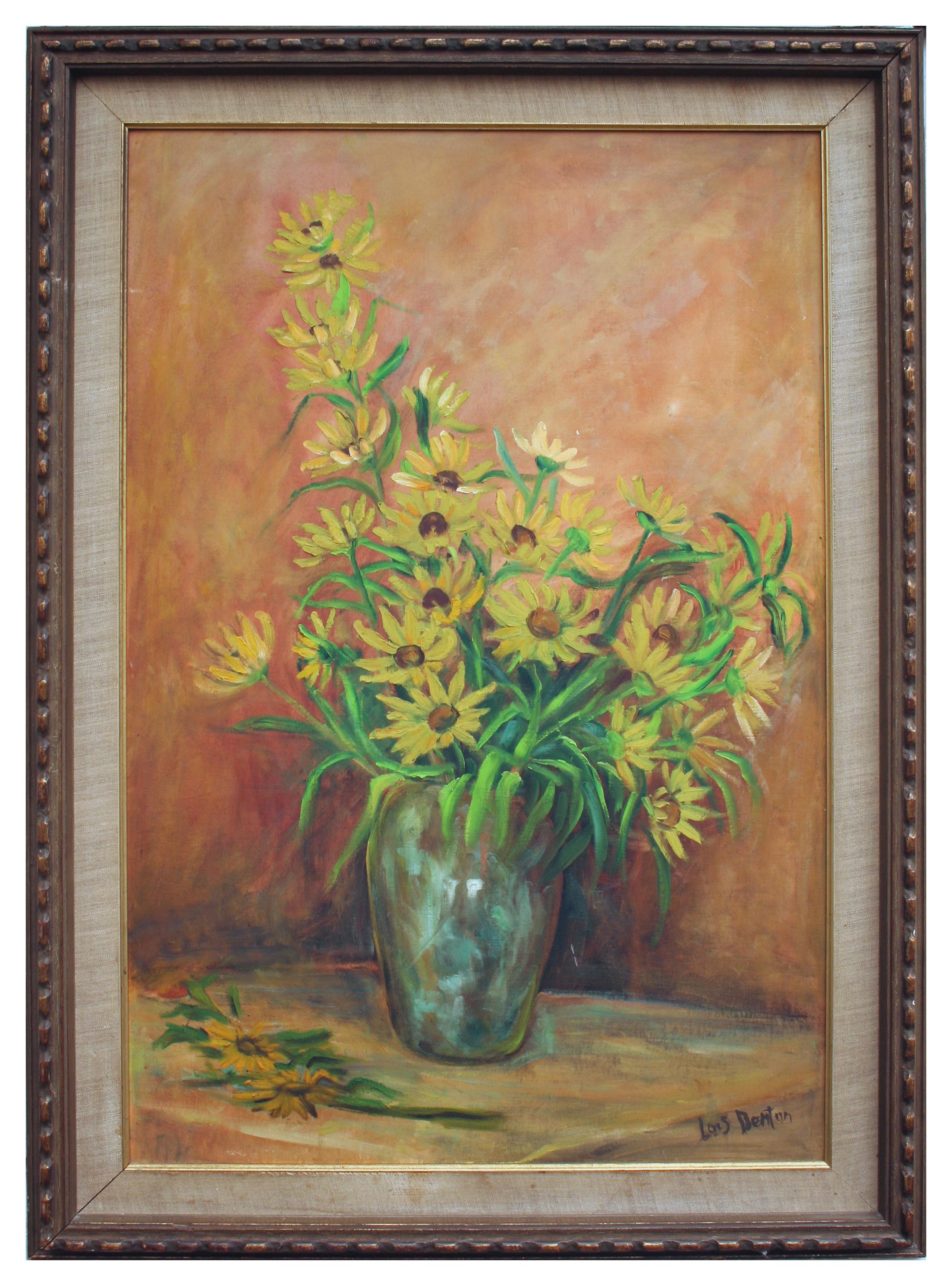 Mid-Century Black Eyed Susan Floral Still Life - Painting by Lois Coleman Denton 