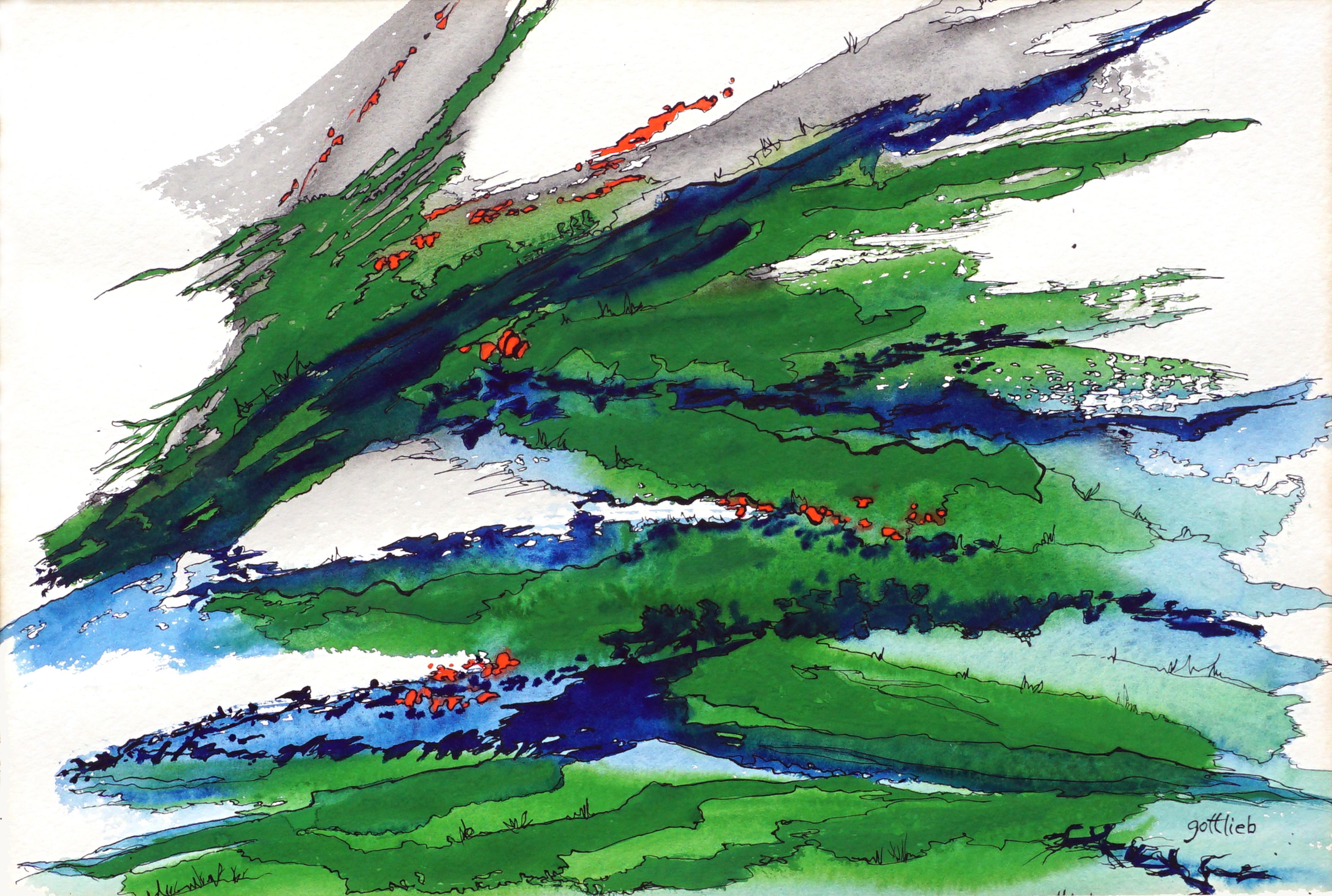 Grüne und blaue Federn Abstrakt – Painting von Gottlieb