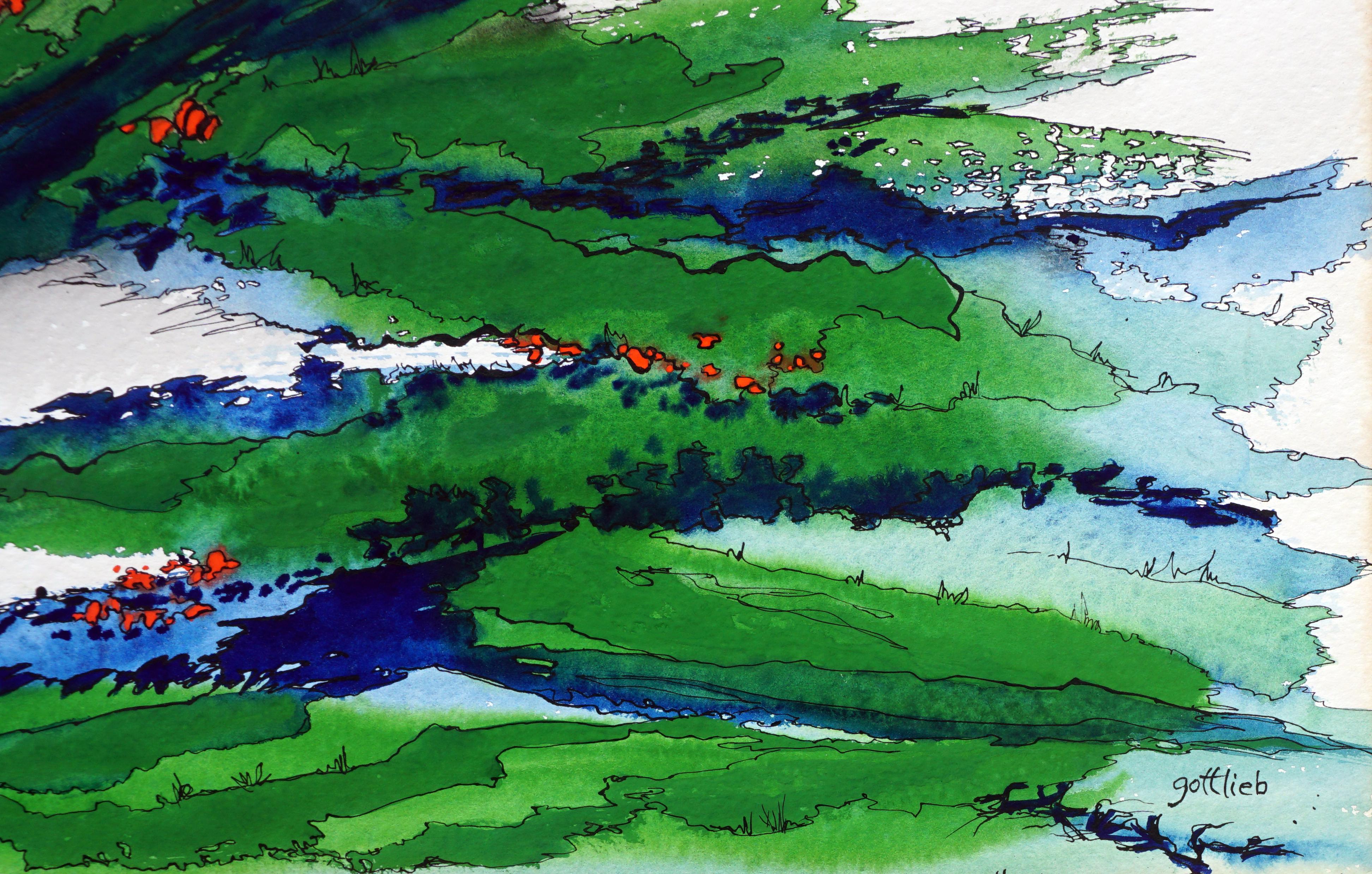 Grüne und blaue Federn Abstrakt (Grau), Abstract Painting, von Gottlieb