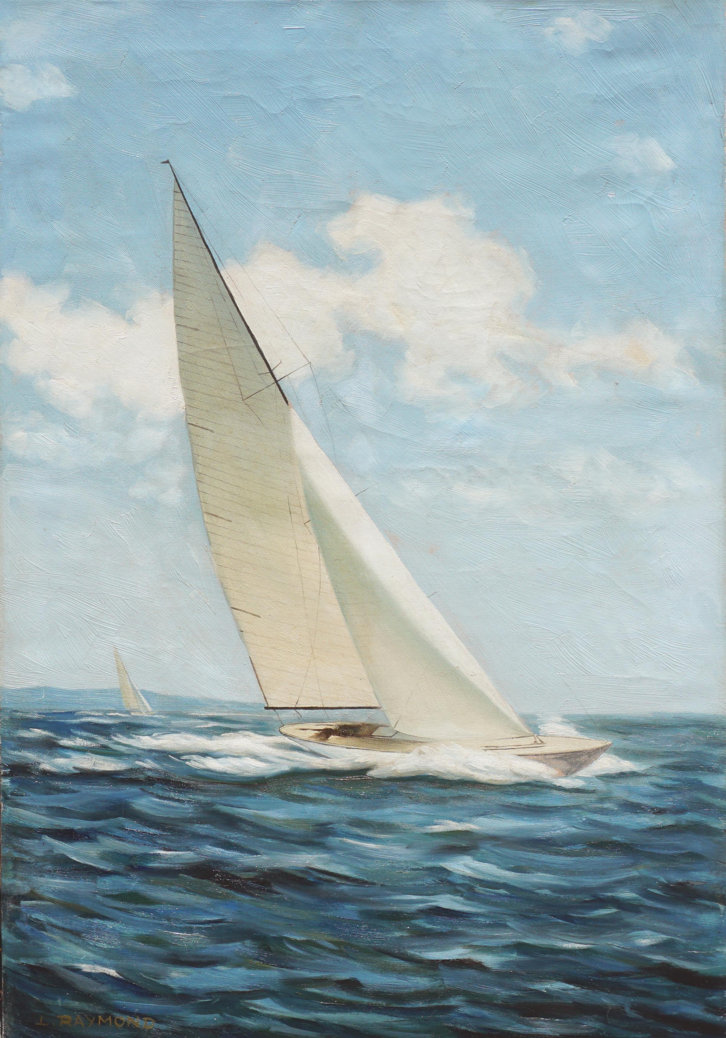  L Raymond Jones Landscape Painting - Sloop at Full Sail - Nautical Seascape 