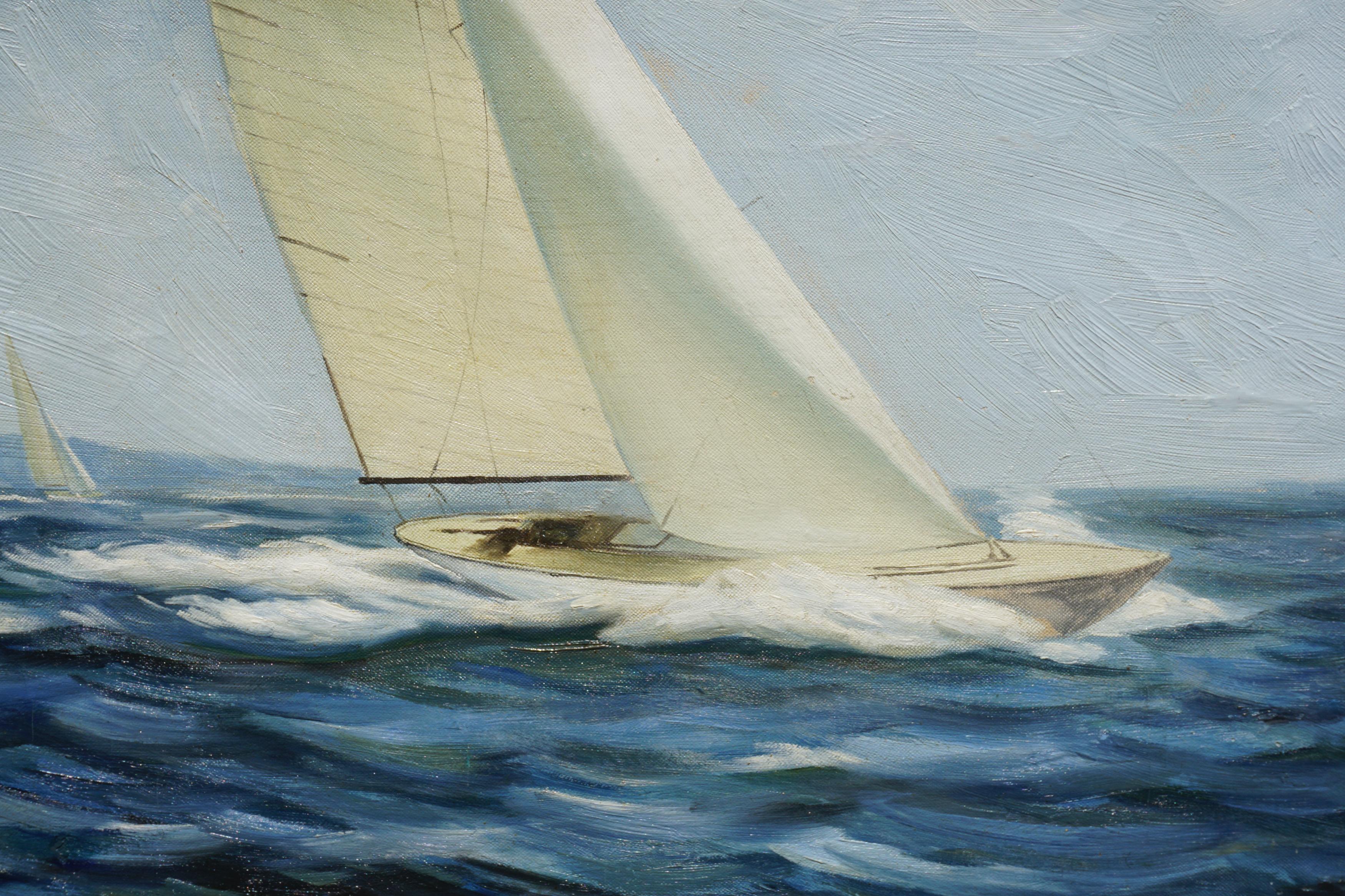 Sloop at Full Sail - Nautical Seascape  - Painting by  L Raymond Jones