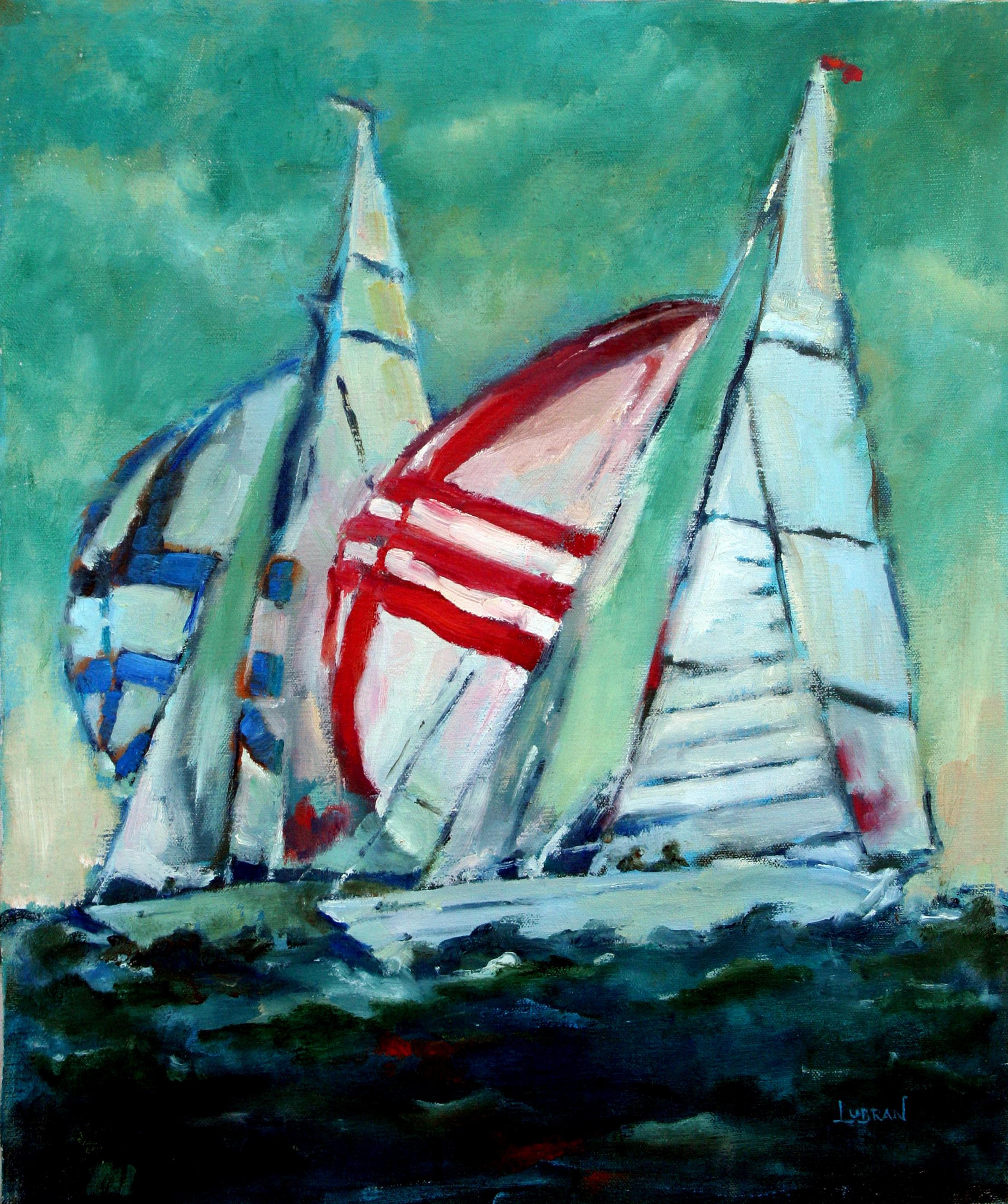 Maree Lubran Landscape Painting - Mid Century Fauvist Regatta of Sailboats