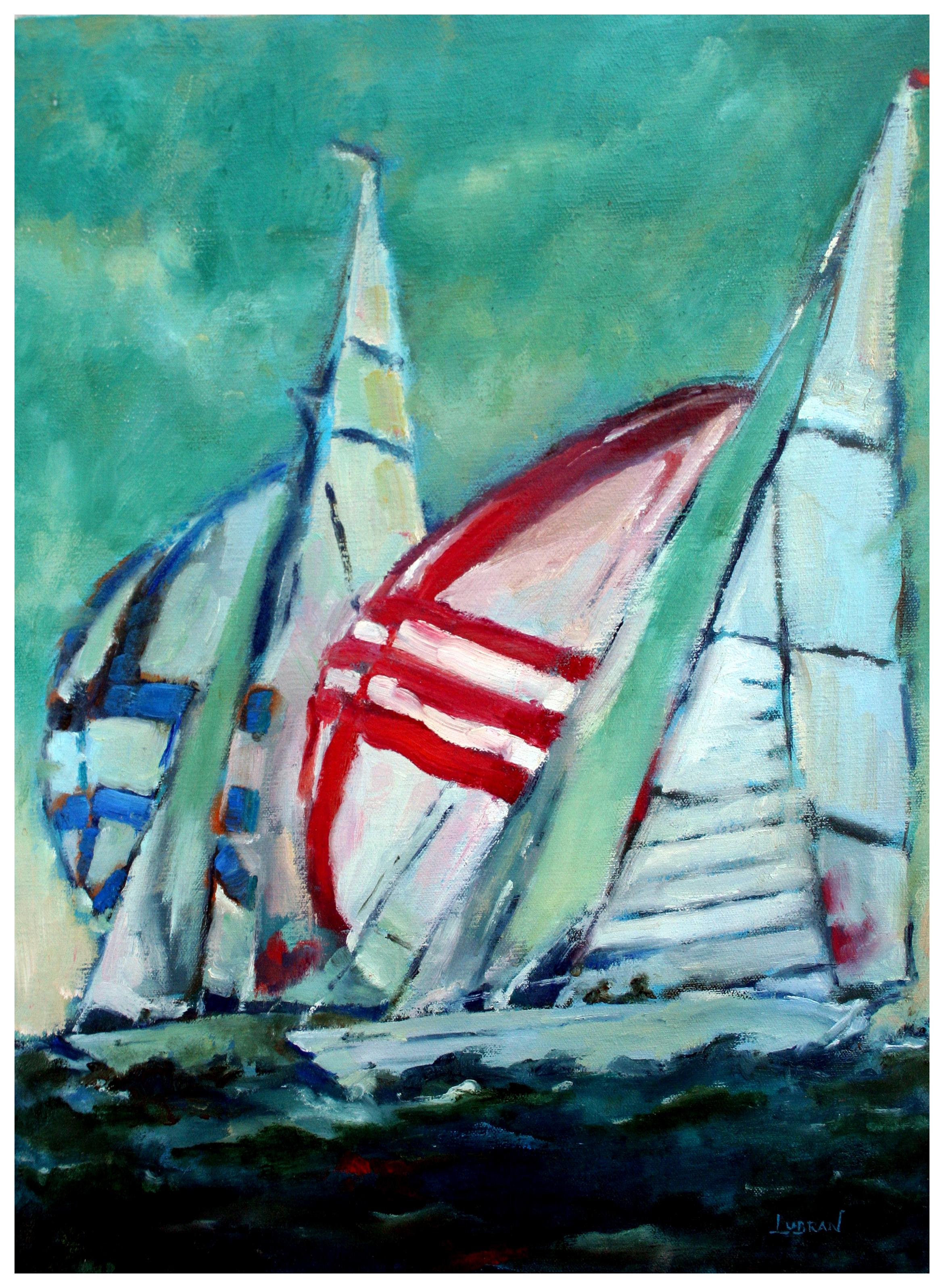 Mid Century Fauvist Regatta of Sailboats - Painting by Maree Lubran