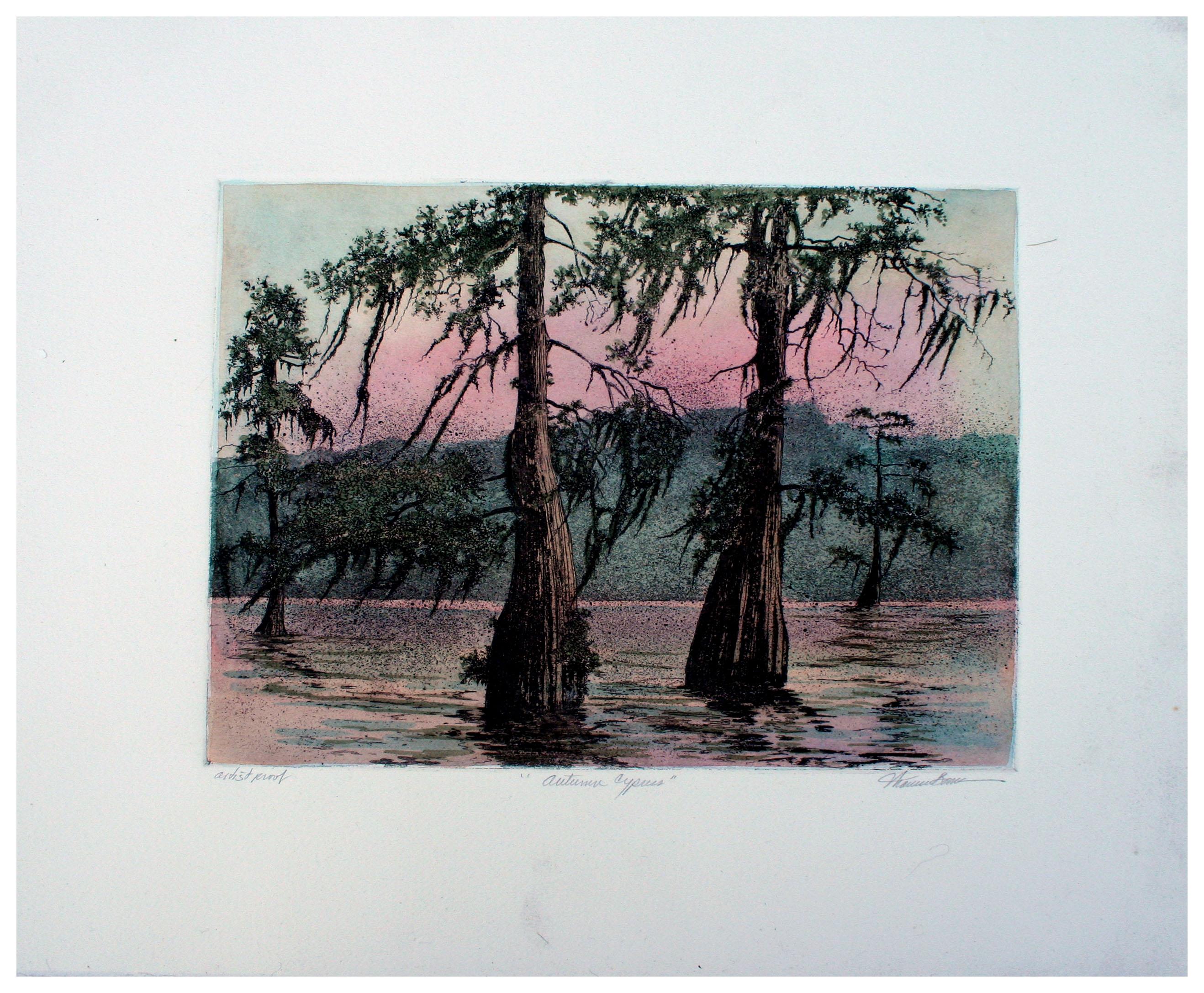 Maurice Bonin Landscape Print - Autumn Cypress Landscape Etching