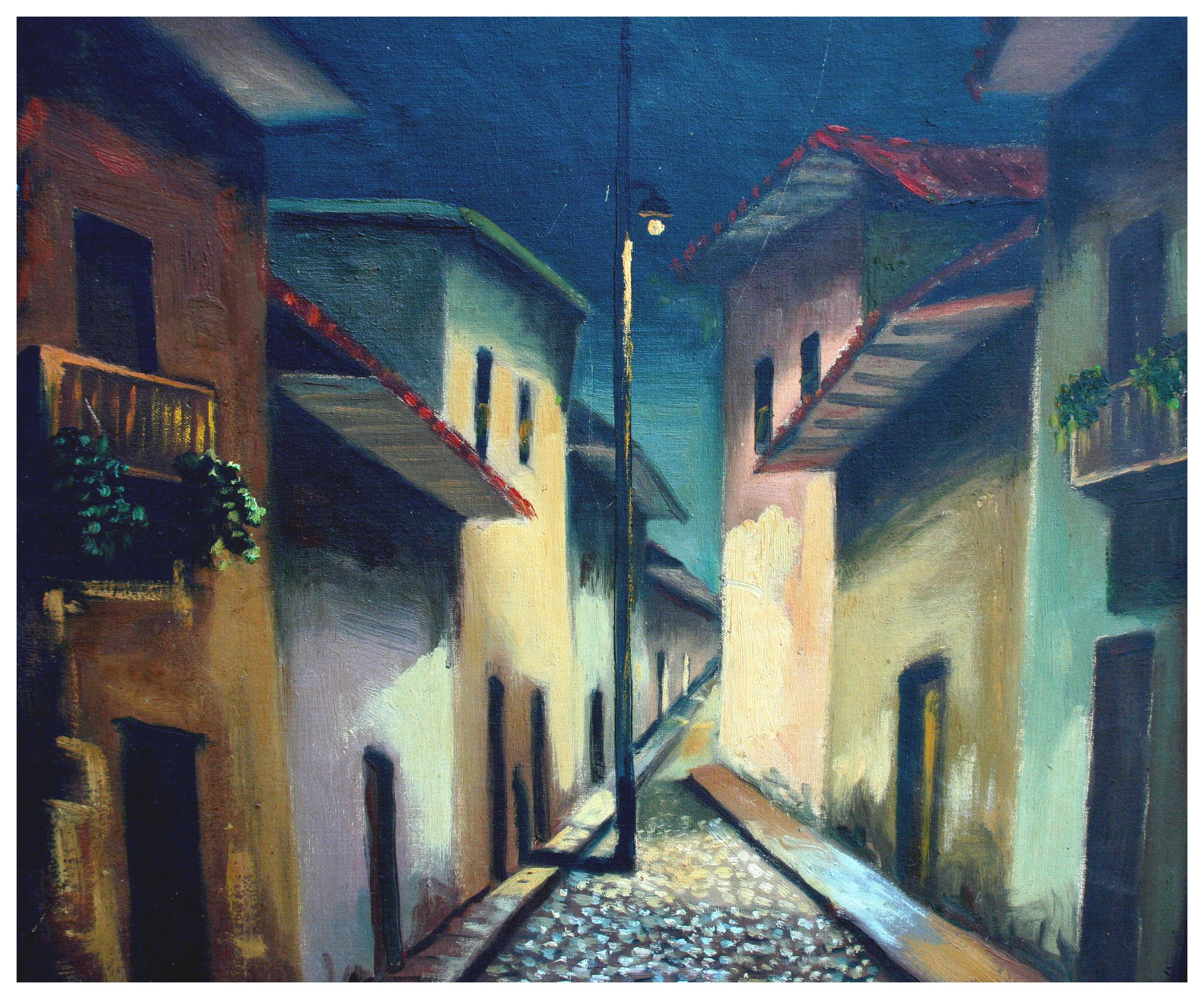 Nocturnal Spanish Town landscape - Painting by S. Gomez