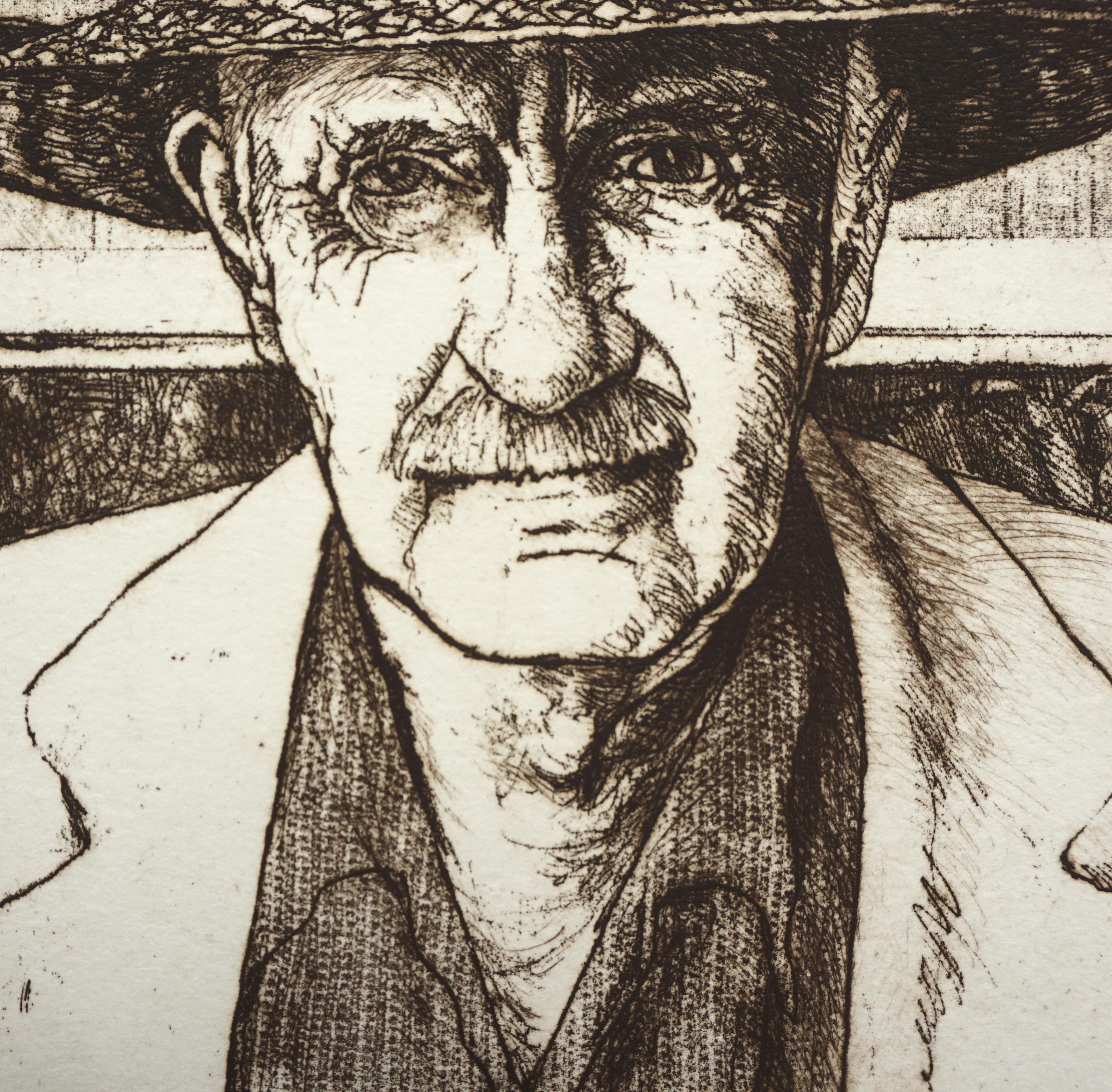 Portrait de l'artiste de Carmel Sam Colburn, lithographie réaliste en édition limitée signée  - Gris Portrait Print par Jack Coughlin