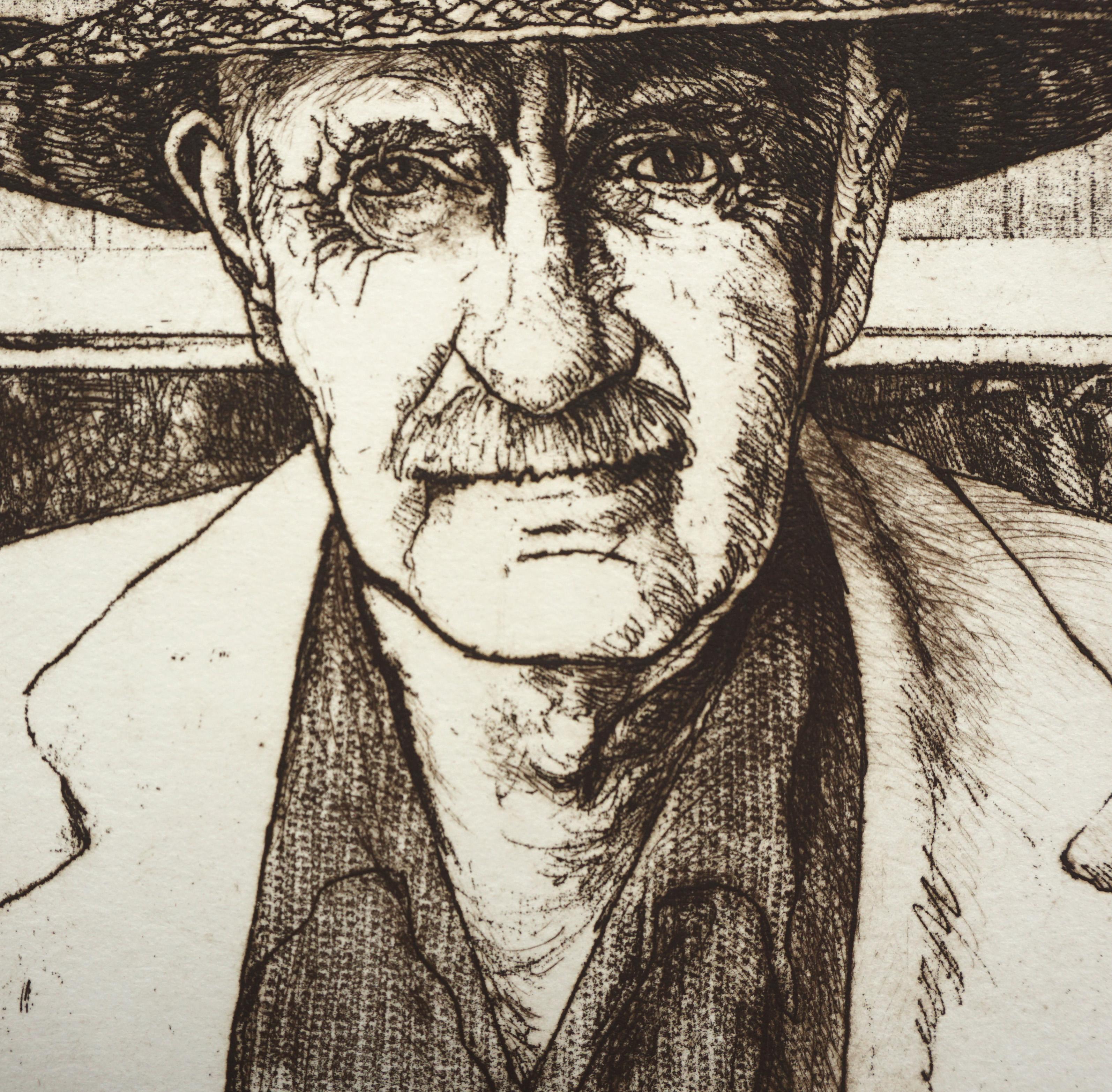 Sam Colburn Carmel Retrato de artista, litografía realista firmada de edición limitada - Portrait Print Gris de Jack Coughlin