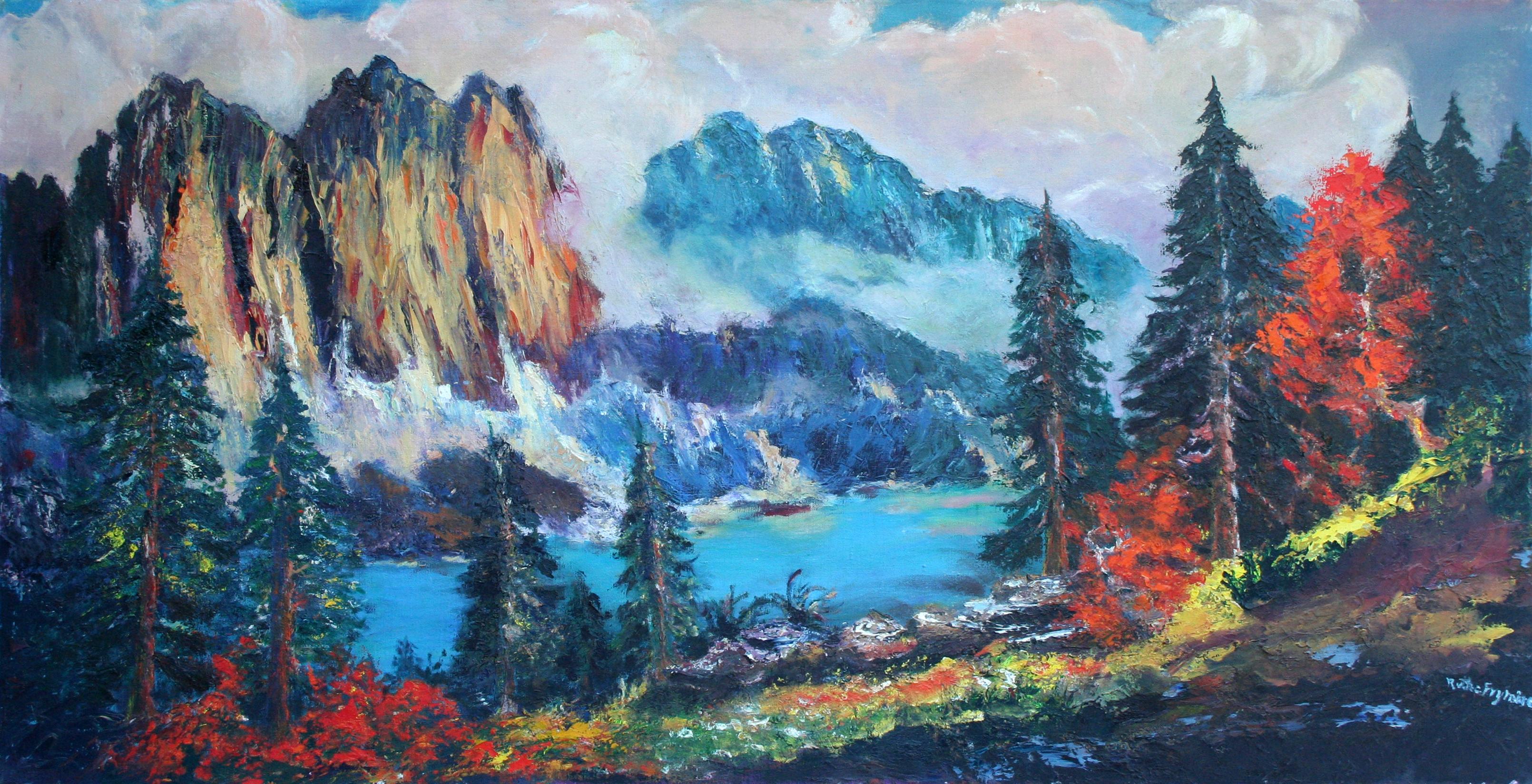 Ruth Frymire Landscape Painting - Mid Century Autumnal Sierra Mountains, Horizontal Panoramic Landscape