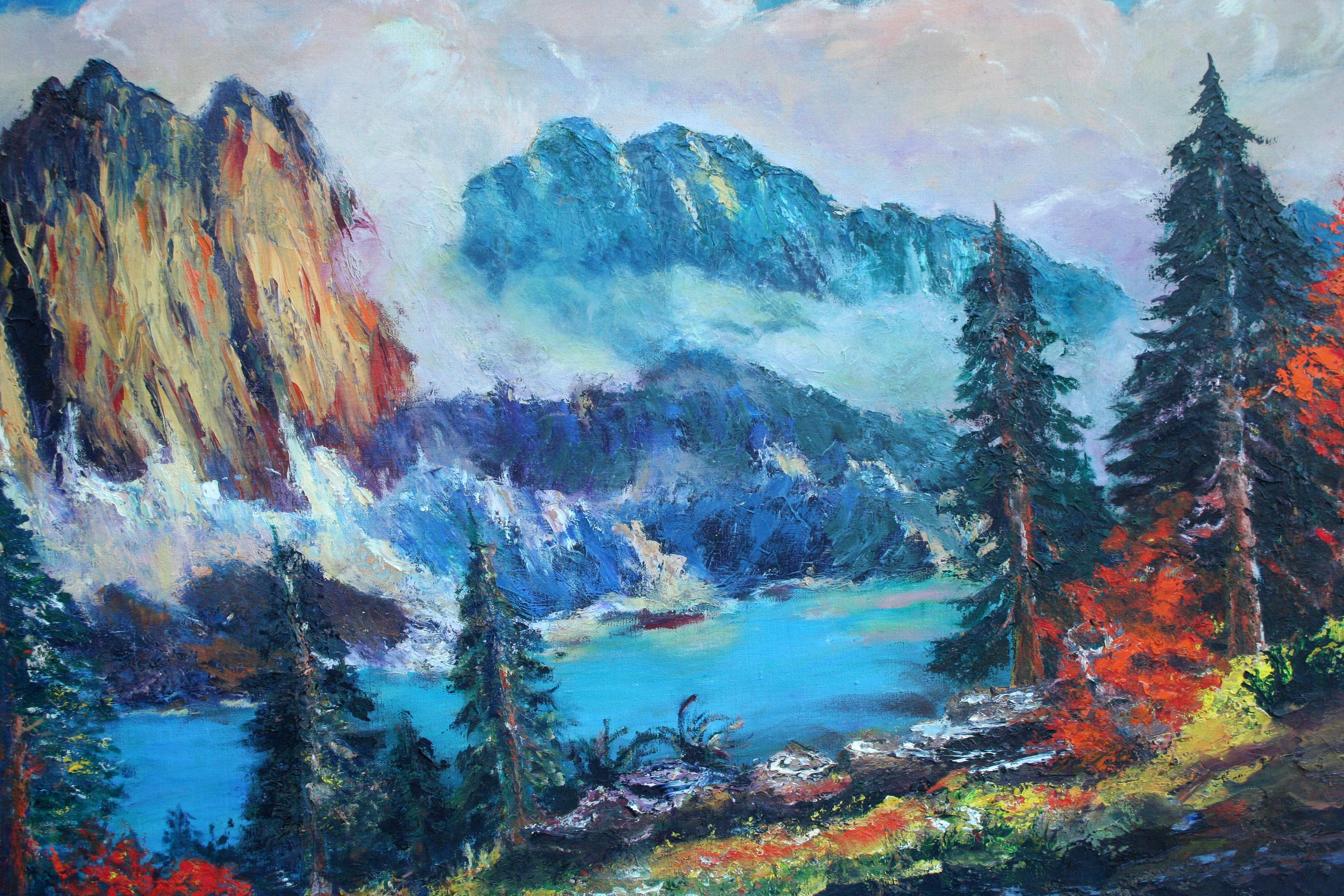 Mid Century Autumnal Sierra Mountains, Horizontal Panoramic Landscape - Painting by Ruth Frymire