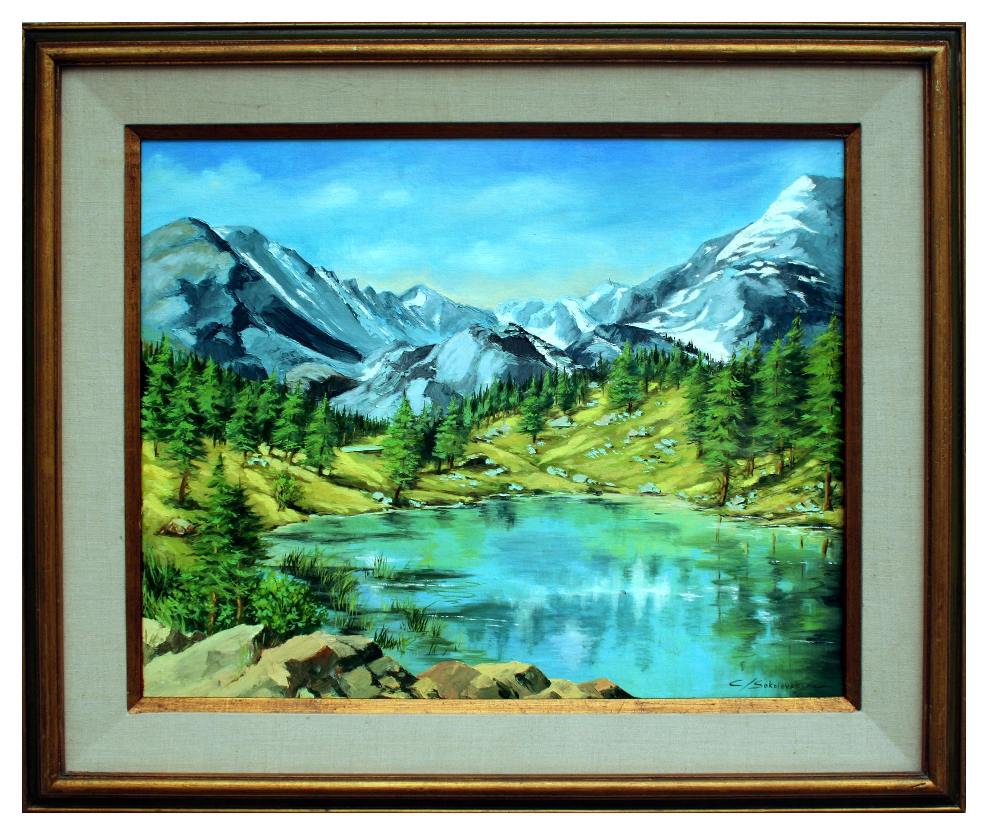Landscape Painting C. Sokolovsky - Paysage de lac serein de la Sierra Mountain