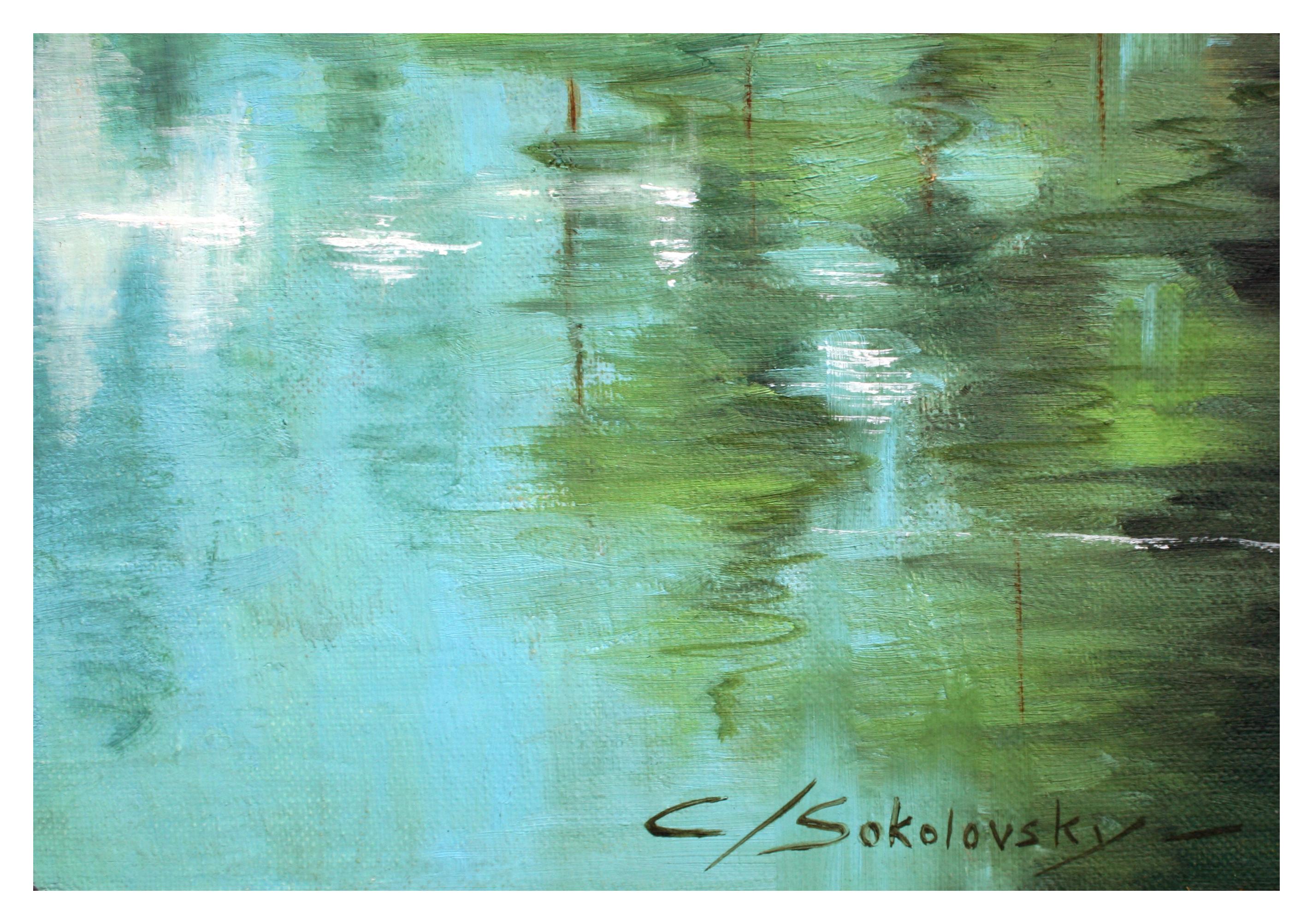 Paysage de lac serein de la Sierra Mountain - Impressionnisme américain Painting par C. Sokolovsky