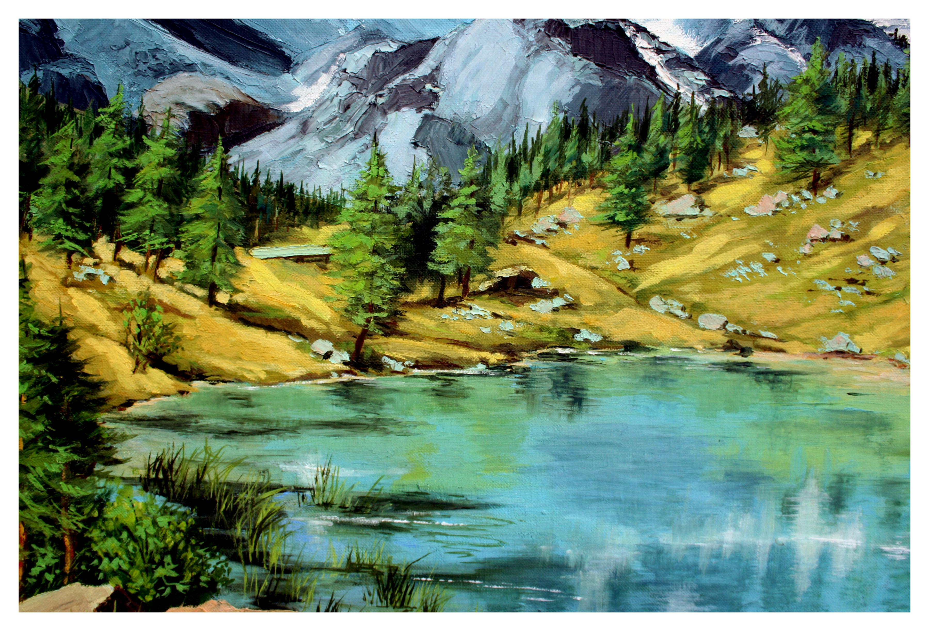 Paysage de lac serein de la Sierra Mountain - Painting de C. Sokolovsky