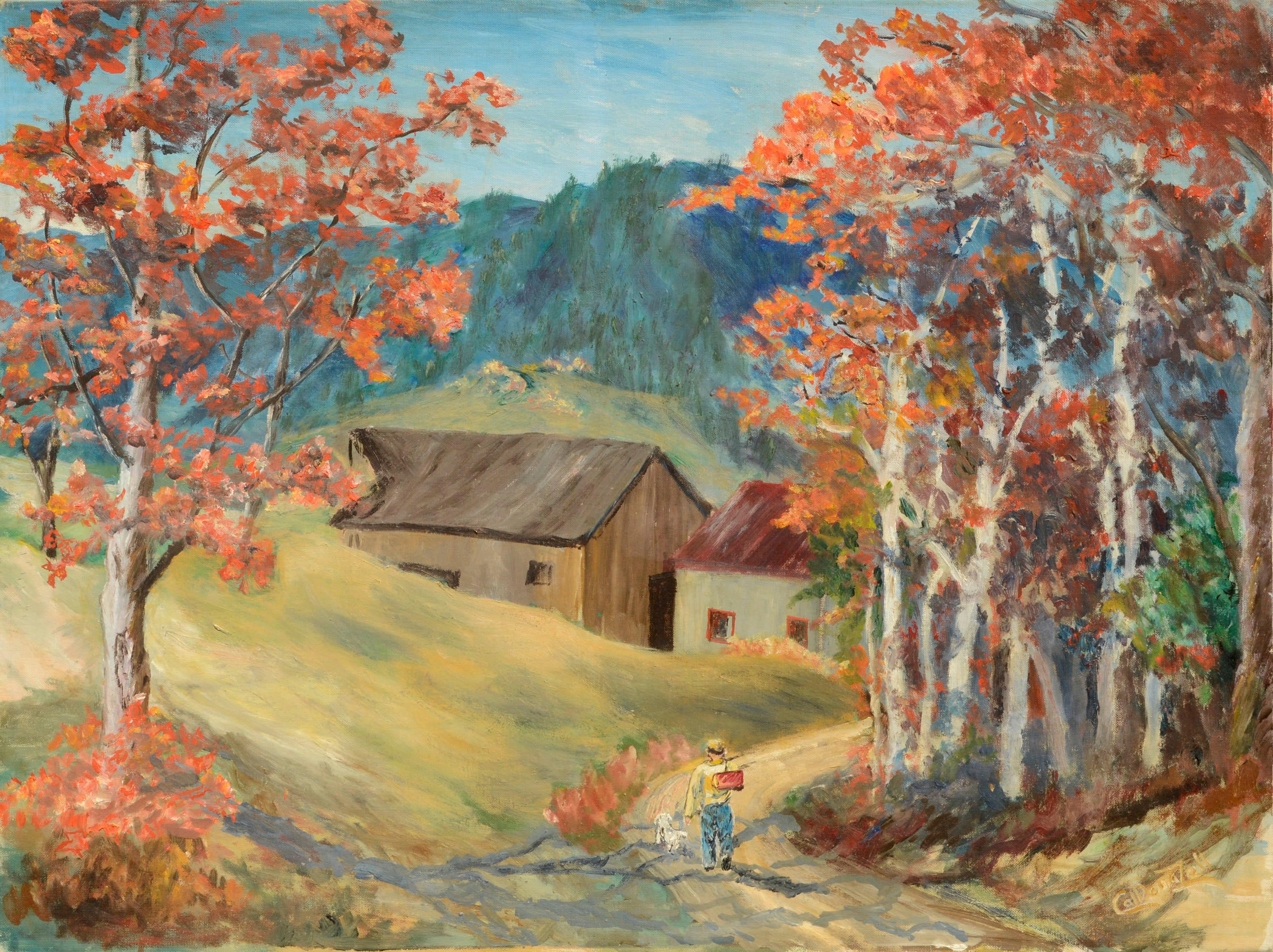 Donna Zell Landscape Painting - Mid Century Country Lane Figurative Landscape with Autumn Trees
