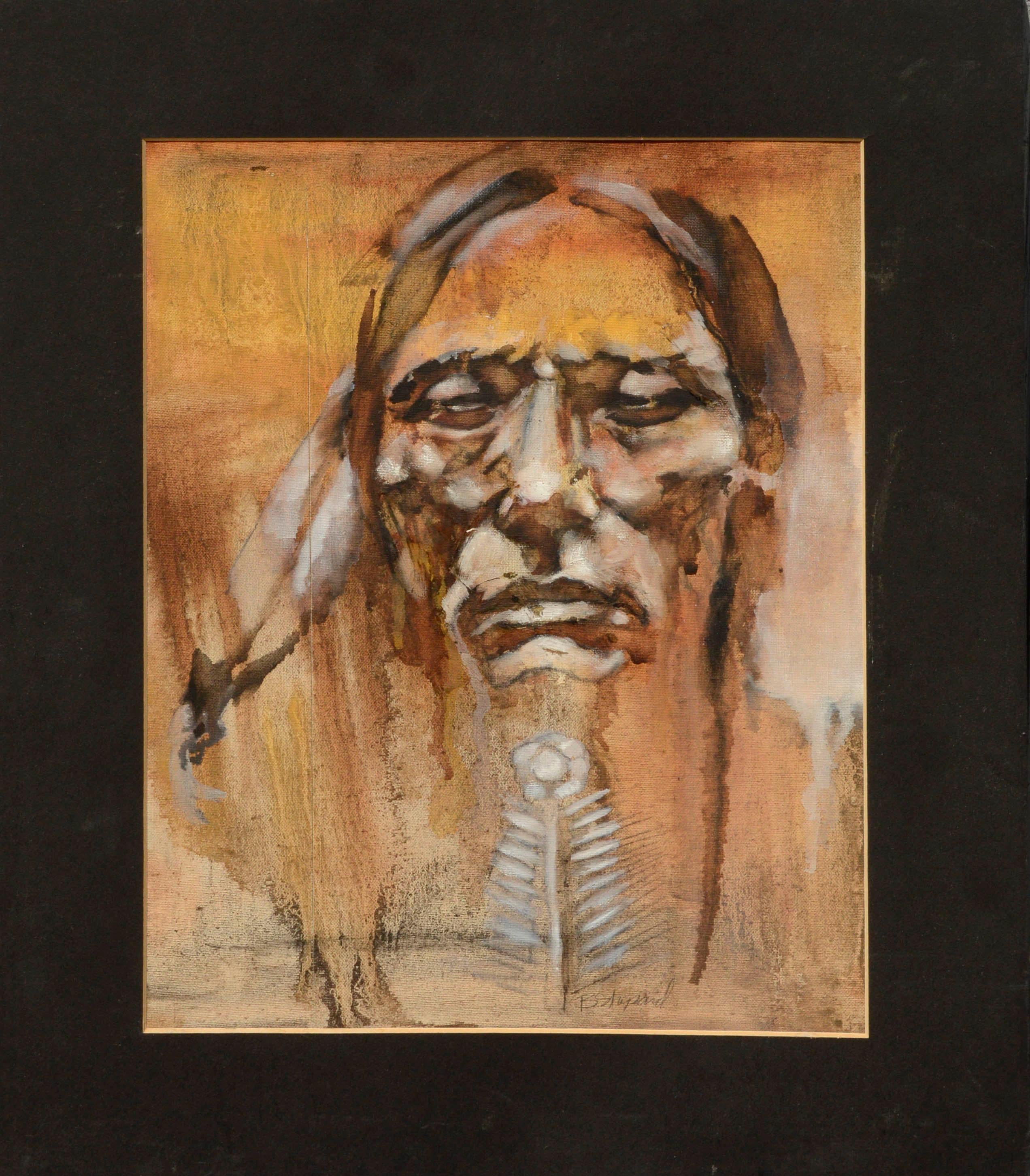 Figurative Painting B. Shepard - Portrait amérindien du milieu du siècle dernier 