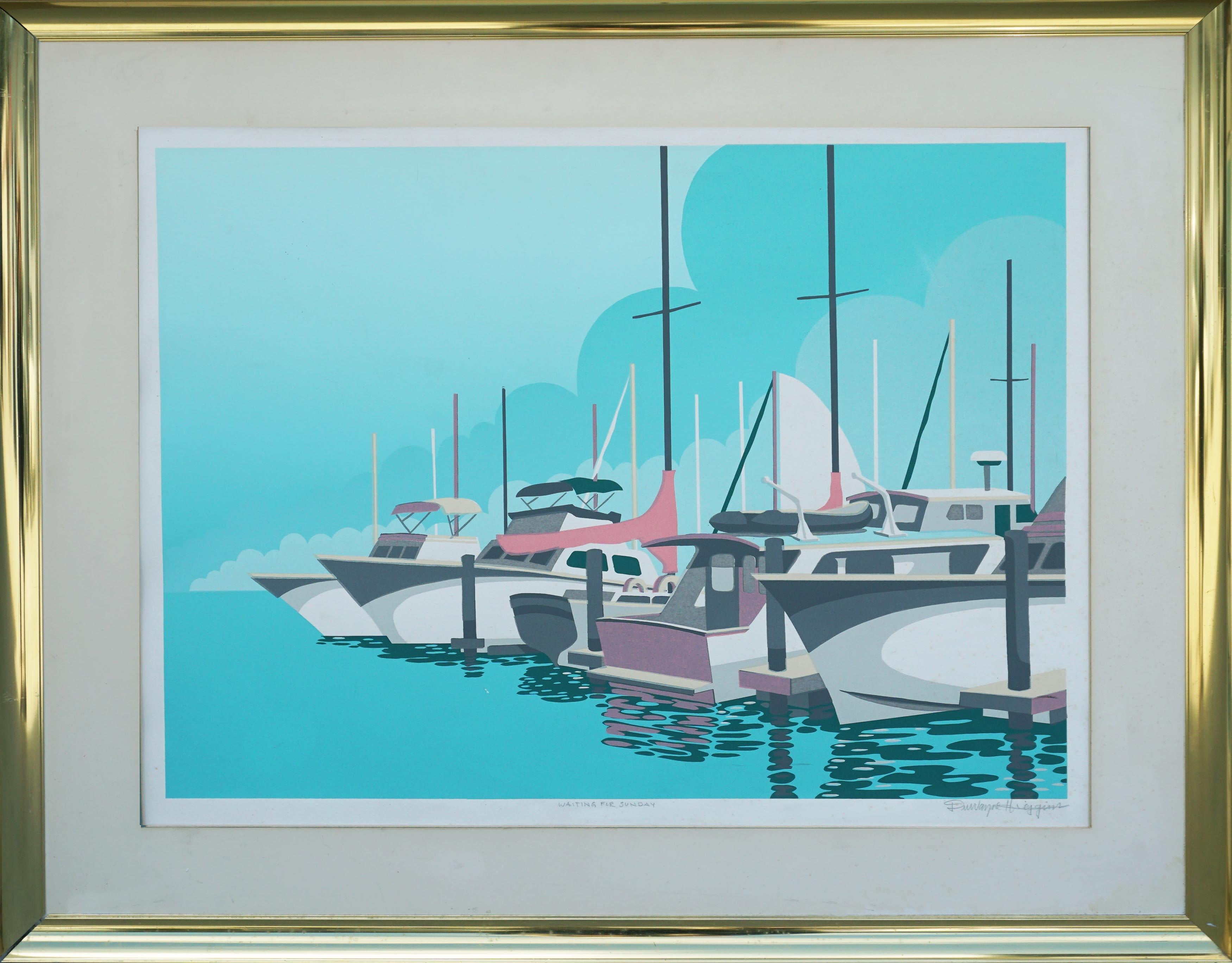 DuWayne Boyd Higgins Landscape Print - Waiting For Sunday -- Boats in Harbor 