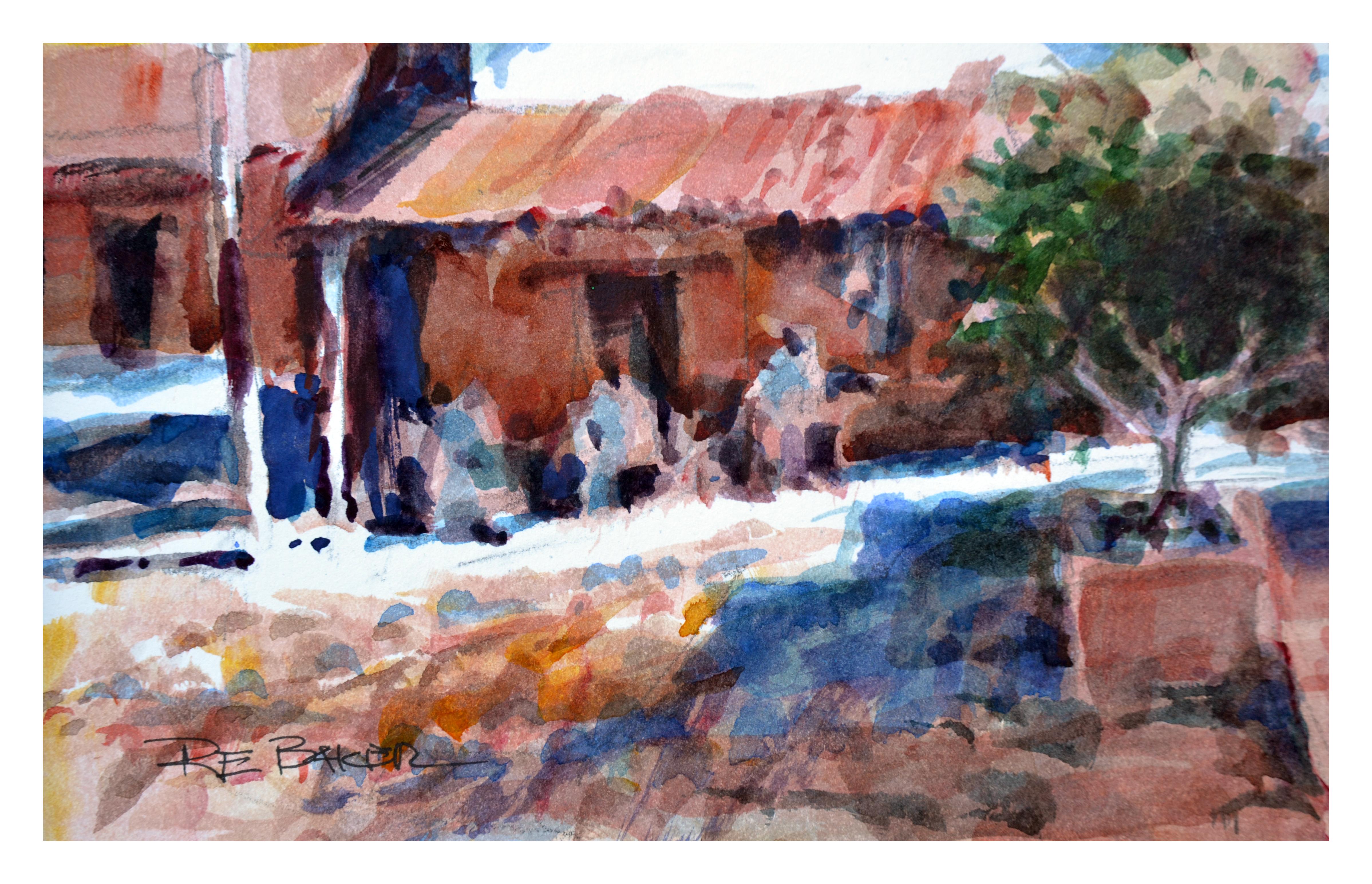 California Gold Town, Kleine figurative Vintage-Landschafts-Aquarell (Amerikanischer Impressionismus), Art, von R. E. Baker