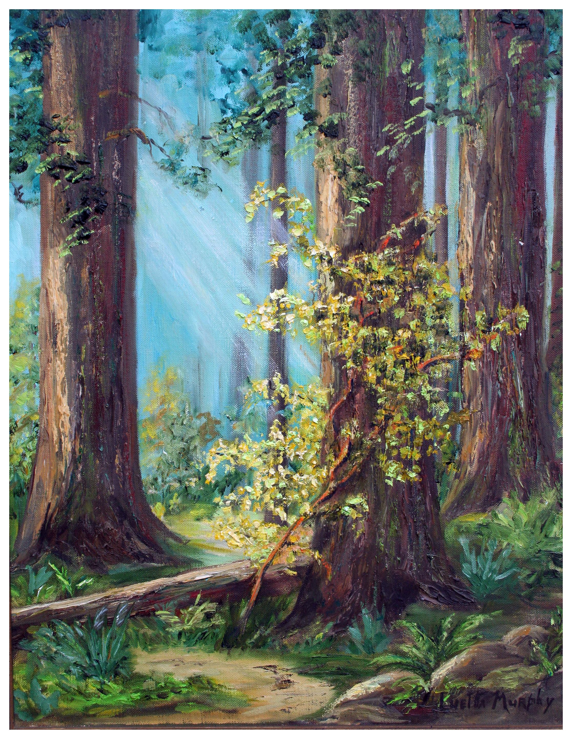 Mid Century Light Through the Trees Forest Landscape  - Painting by Luetta Murphy