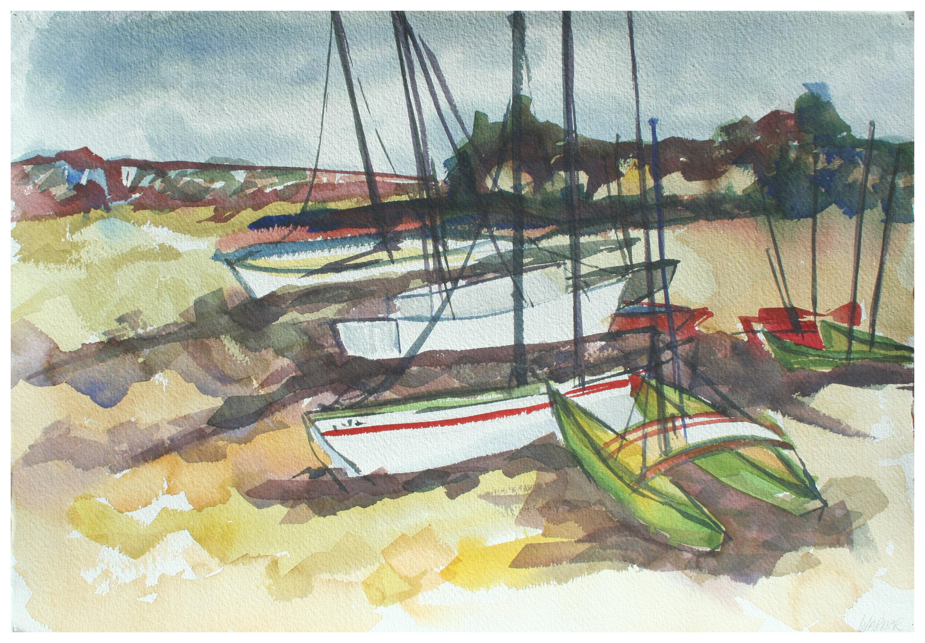 Doris Warner Landscape Art - Boats on the Monterey Shore 