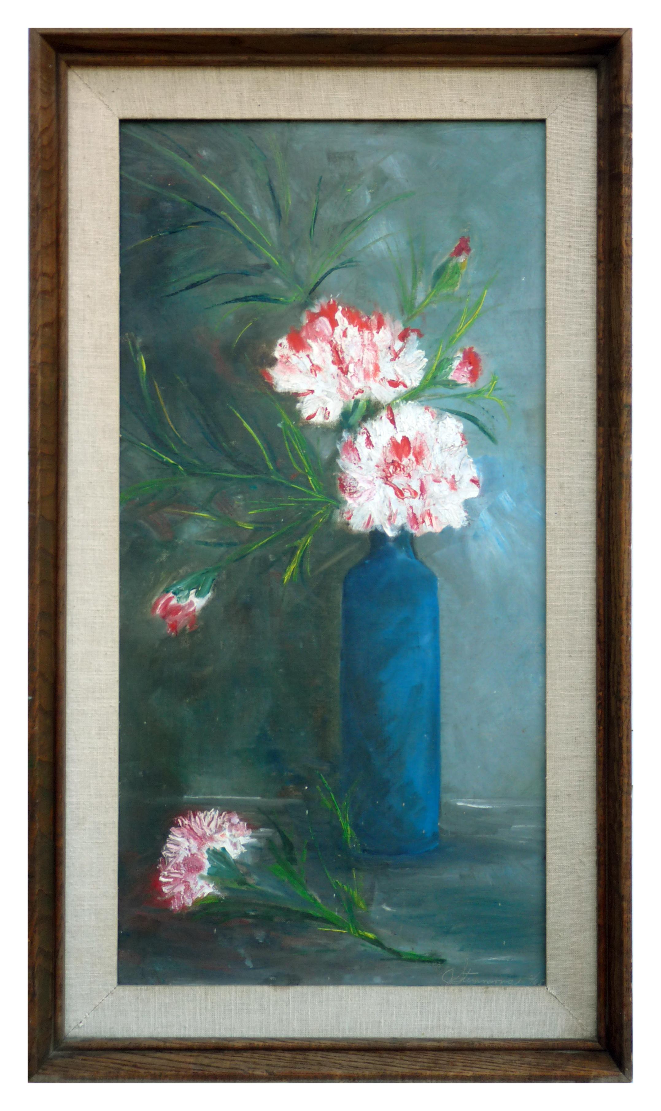 Mid Century Carnations in Blue Vase Still-Life 