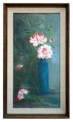 Vintage Mid Century Carnations in Blue Vase Still-Life 