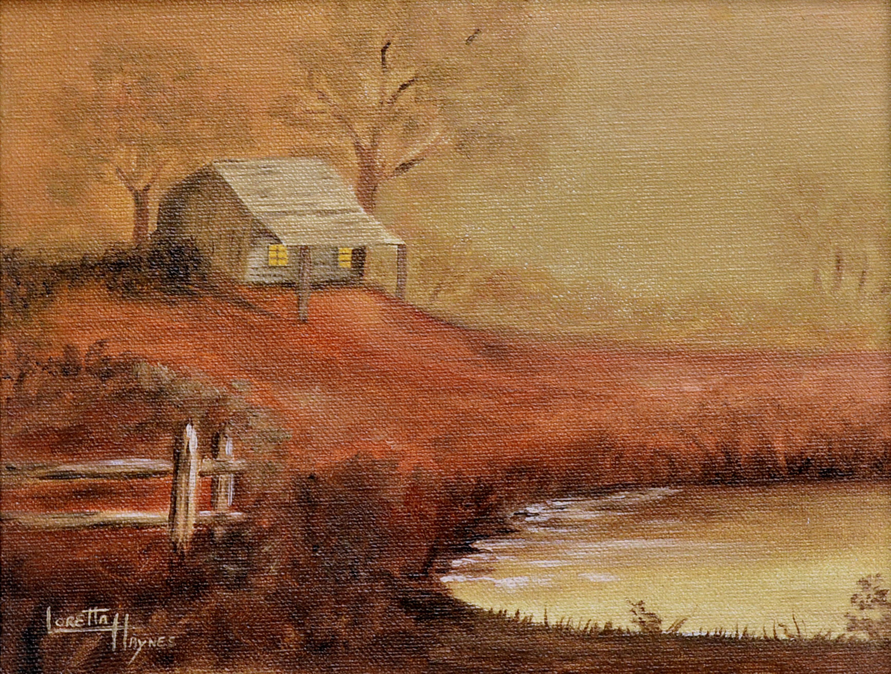 Autumnal Country Cabin Landscape - Painting by Loretta Haynes