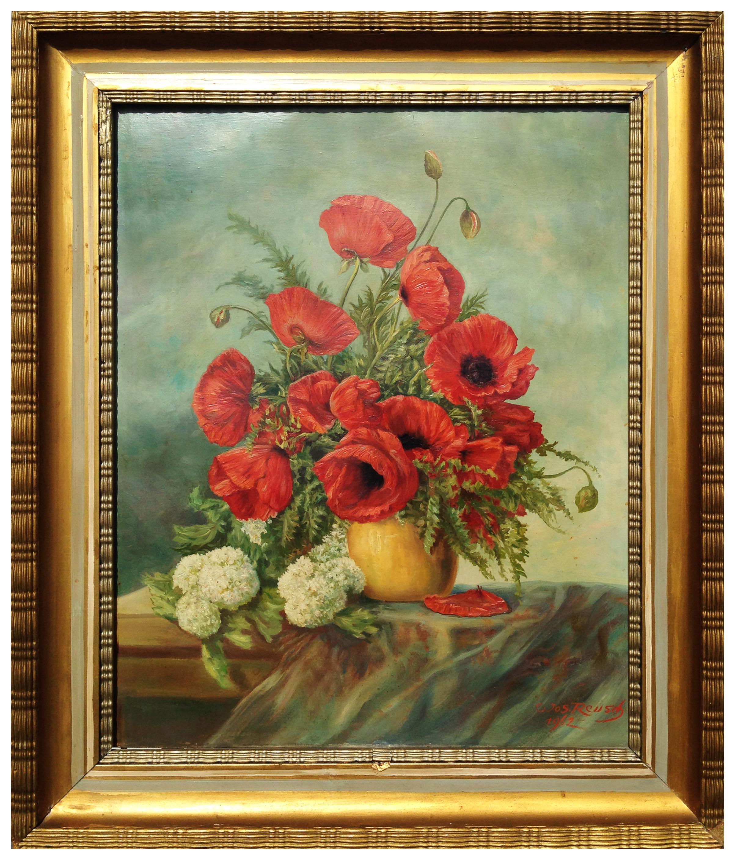 Josef Reusch Still-Life Painting - Mid Century Red Poppies in Vase Still Life