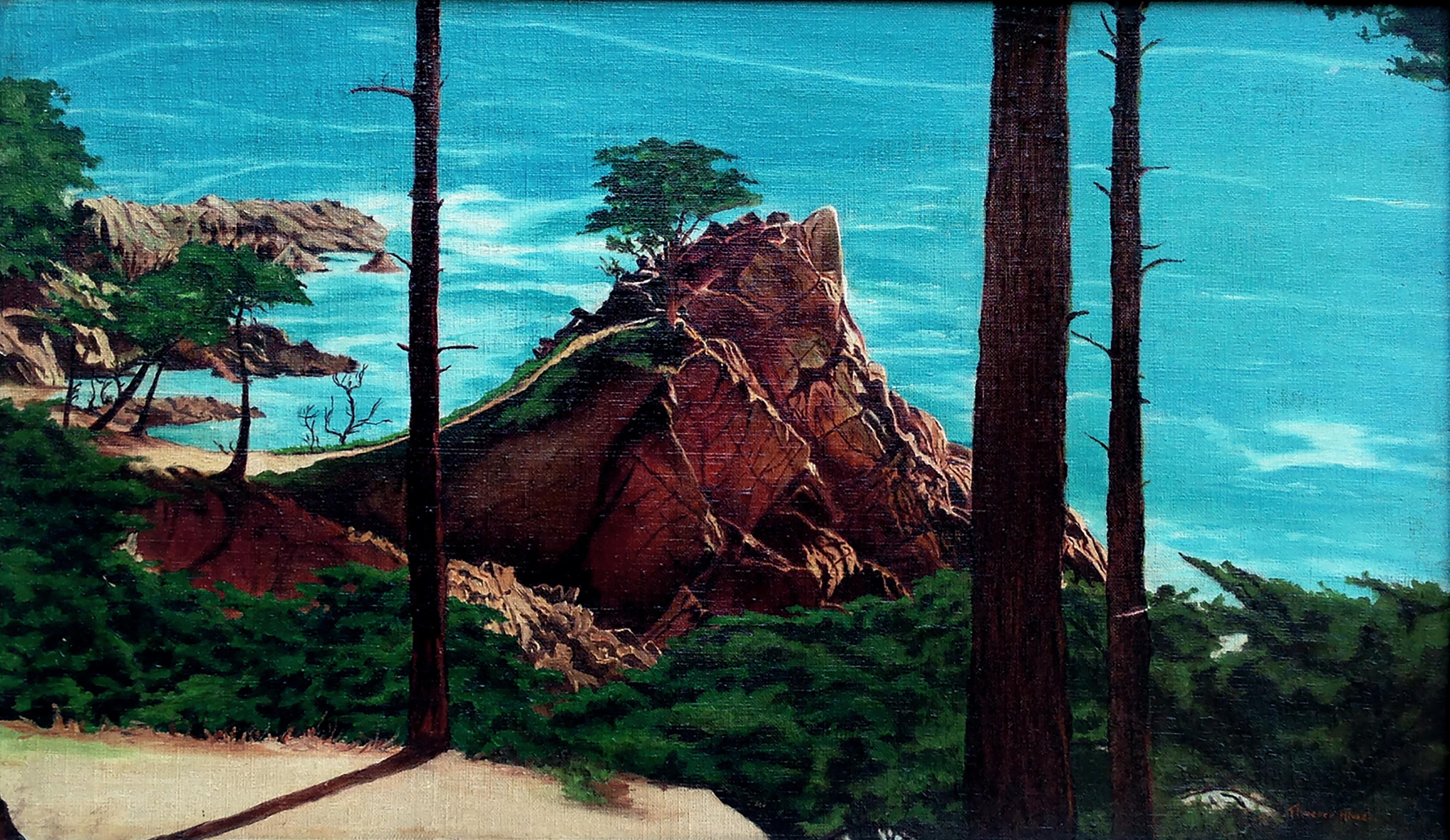 Mid Century Lone Cypress Carmel California Landscape - Painting by Florence Alvas